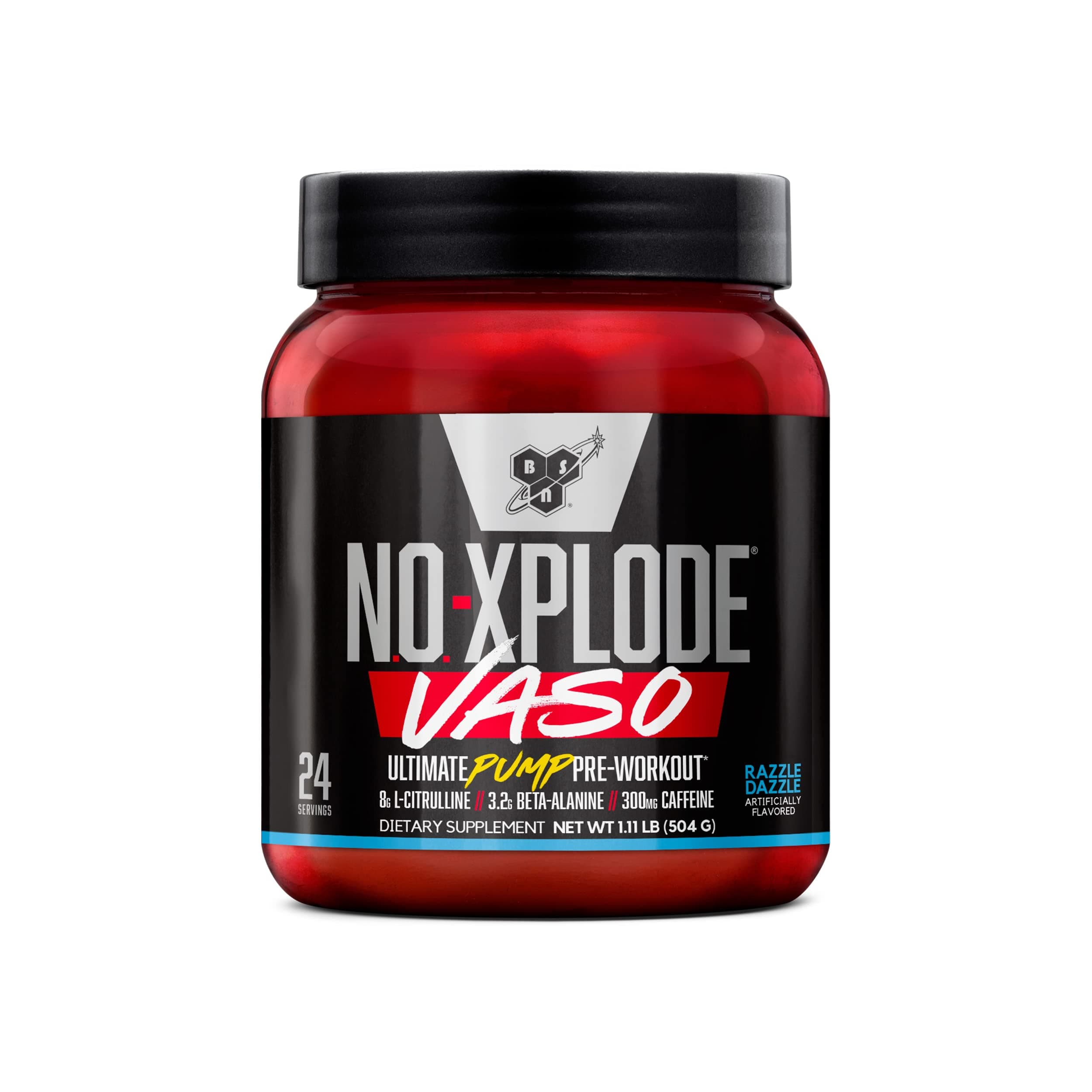 BSN N.O.-XPLODE Vaso Pre Workout Powder with 8g of L-Citrulline and 3.2g Beta-Alanine and Energy, Flavor: Razzle Dazzle, 24 Servings