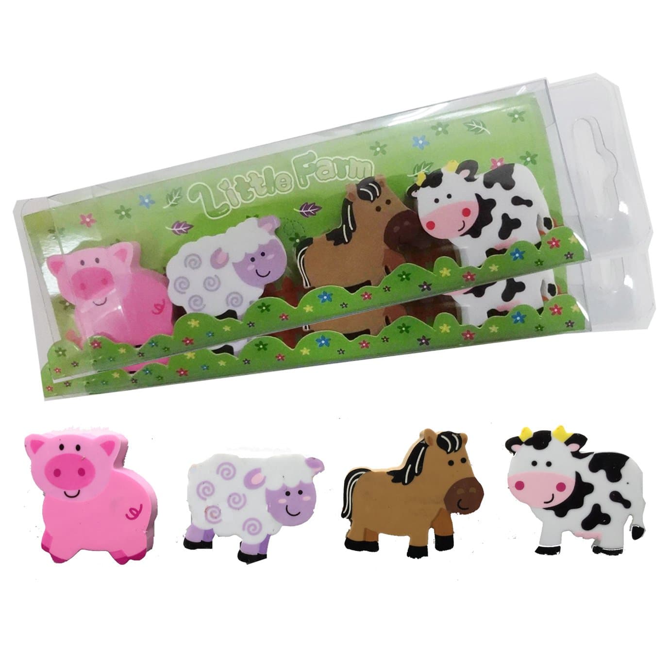 Little Farm Animal Eraser Set - 2 Presentation Packs. Cute Cow, Horse, Sheep and Pig Erasers. Ideal Party Bag Filler / Class Gift