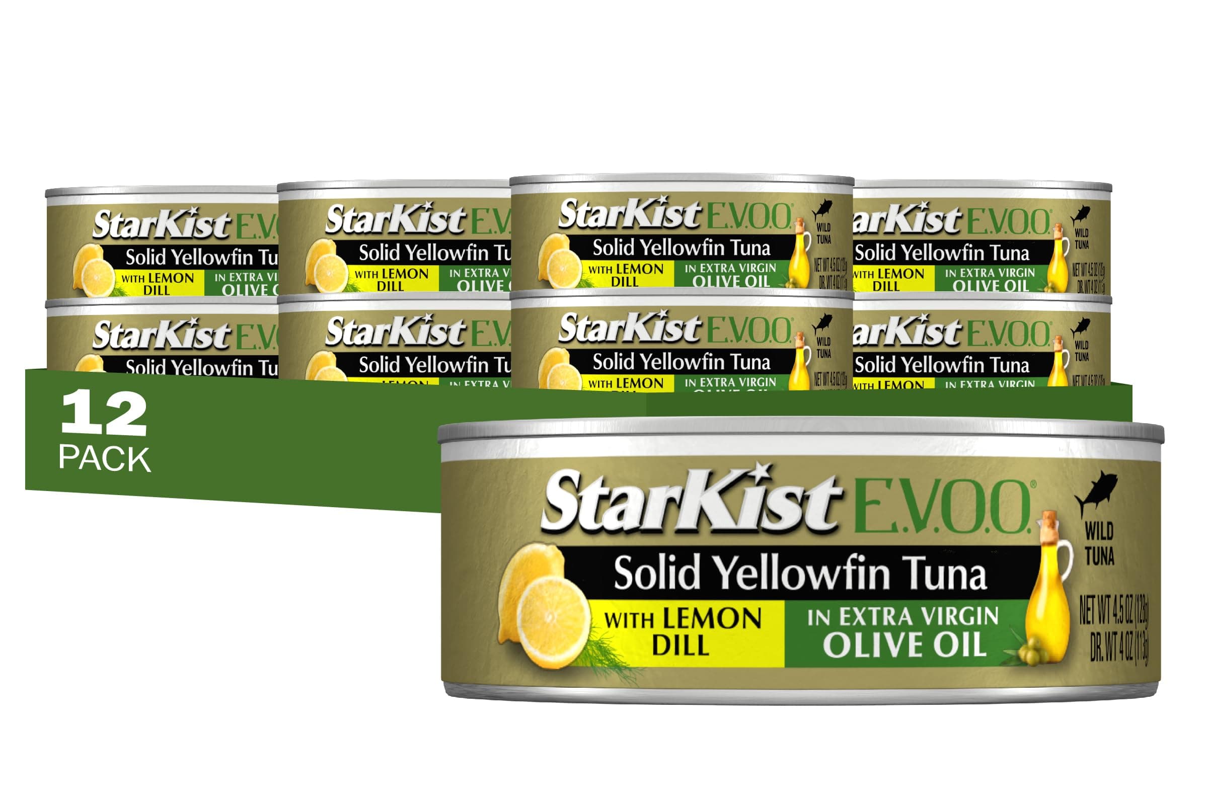 E.V.O.O. Solid Yellowfin Tuna with Lemon Dill and Extra Virgin Olive Oil (Packaging May vary), 4.5 Ounce (Pack of 12)