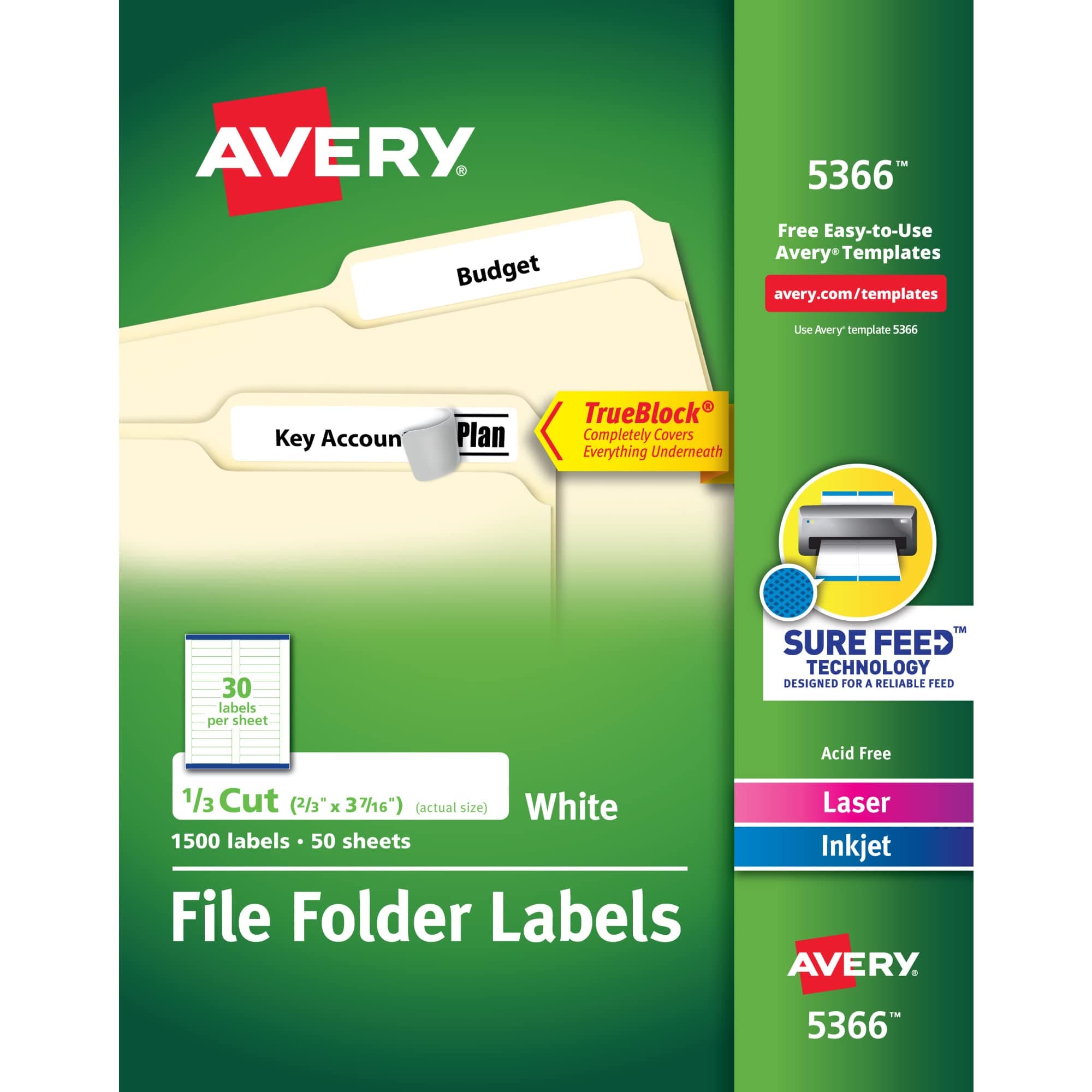 Avery TrueBlock File Folder Labels, 2/3" x 3-7/16", 1,500 Printable Labels, White, Permanent (5366)