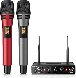 TONOR Wireless Microphone Systems, Dual UHF Cordless Karaoke Microphone Set, Handheld Dynamic Mic Microfono for Singing with Receiver for Karaoke, DJ Party, Church, Wedding, Speech, PA TW350 Red