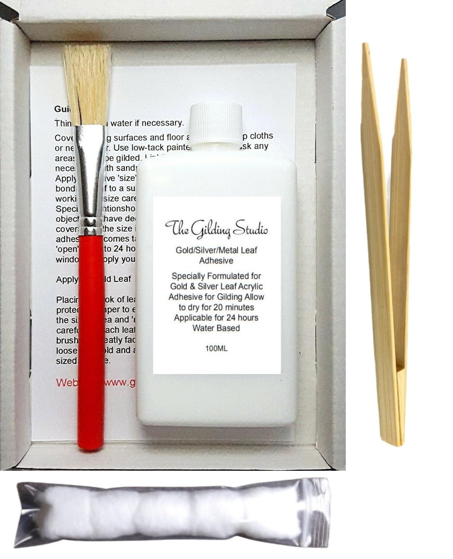 Gold Leaf Gilding Adhesive Water based Acrylic Glue Size for Gold Silver & Metal Leaves & Flakes 100ml. Anti Static Tweezers & Cotton Wool for Polishing Furniture Art Deco & Paintings Paste.