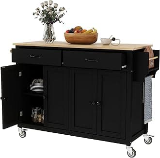 Rolling Kitchen Island with 2 Cabinets and 2 Drawers, Large Kitchen Table with Solid Wood Top, Portable Islands on Wheels for Dining Room Living Room, Black