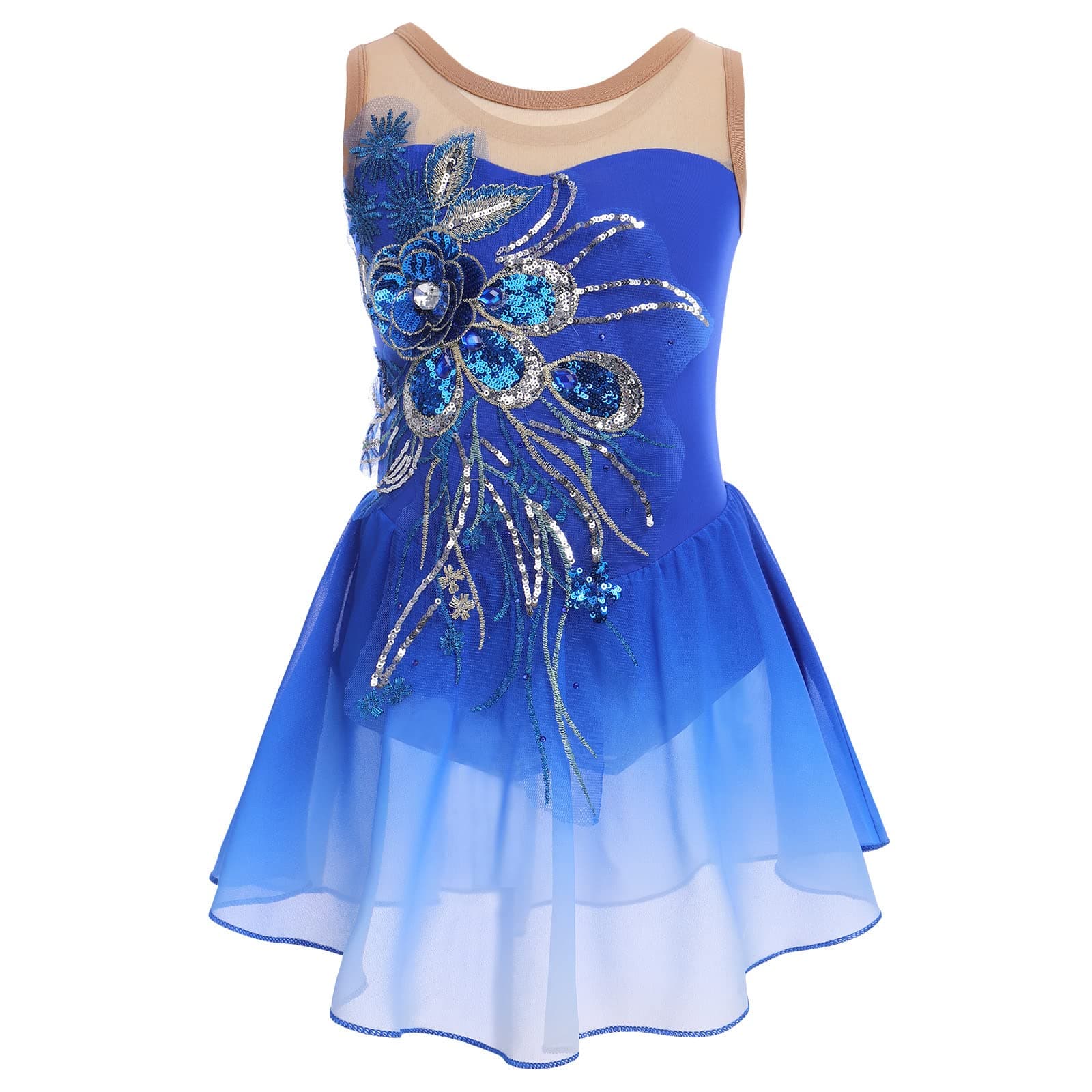 Figure Skating Dress for Girls - Sequin Flower Mesh Ice Skating Ballet Dance Leotard for Competition Costume