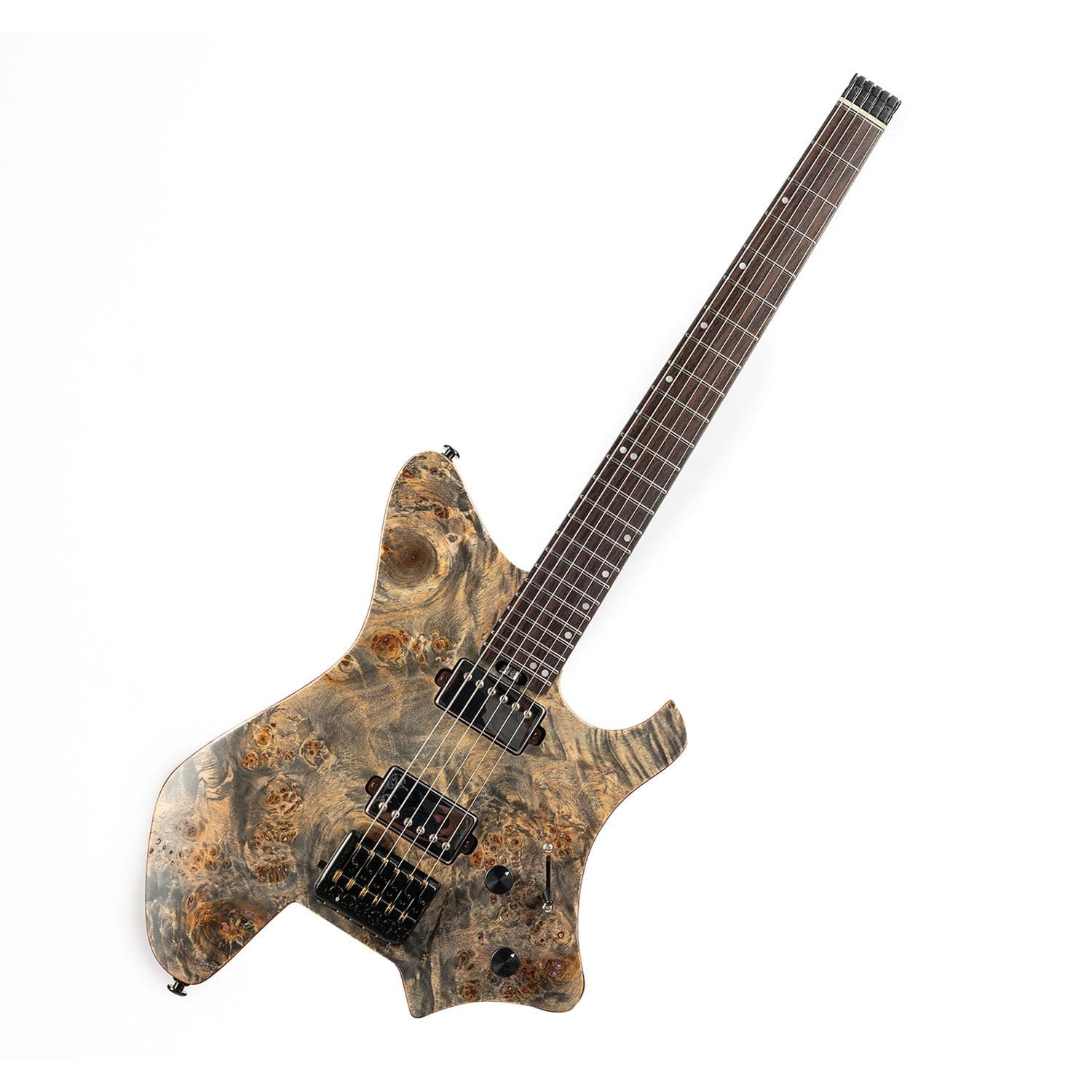 6 String Soild Body Headless Electric Guitar Roasted Padauk+Poplar Burl Body wood Headless Bridge Tuning System Travel Guitar Small But Full-scale Guitar