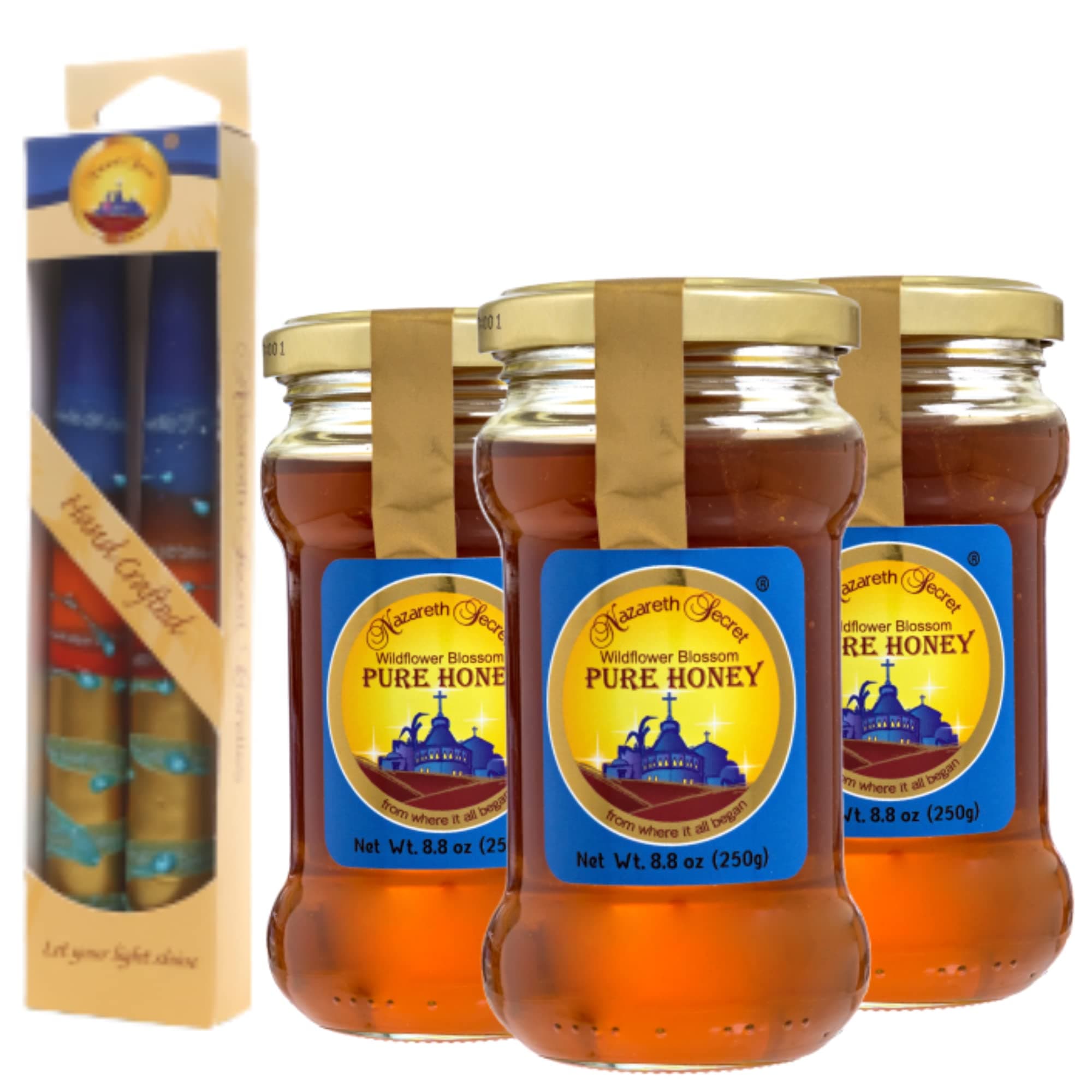 Pure kosher Honey From Israel, 3 Jars 250gr (8.8oz) and Two Hand decorated Taper Candles