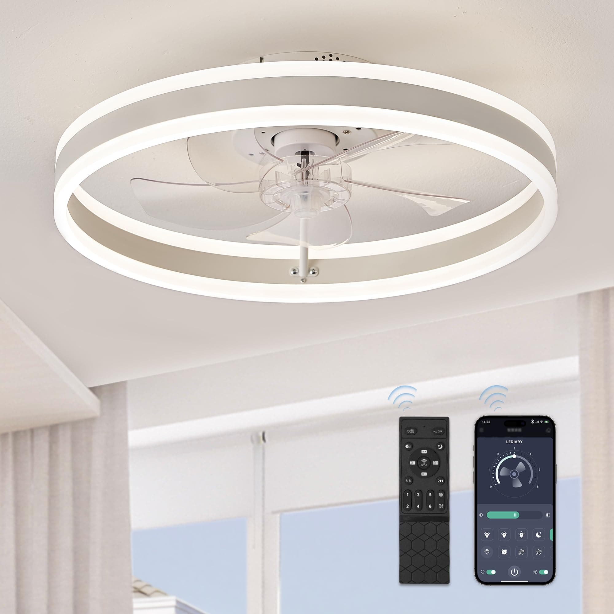 LEDIARY Low Profile Ceiling Fans with Lights, Flush Mount Modern Ceiling Fan and Remote Control, 19.7" LED Ceiling Fans, Stepless Dimmable 3 Colors and 6 Speeds - White