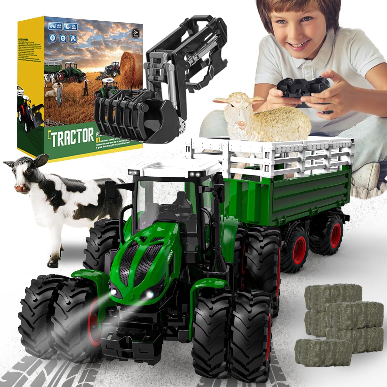 GoHero Remote Control Tractor Toy, 2.4 Ghz RC for Kids 3-5, Toy Tractors Set with Trailer and Light/Loading Arm, Farm Animal Toys Include Cows, Sheep and Hay Bales, Toys for Boys 5-7,green,white