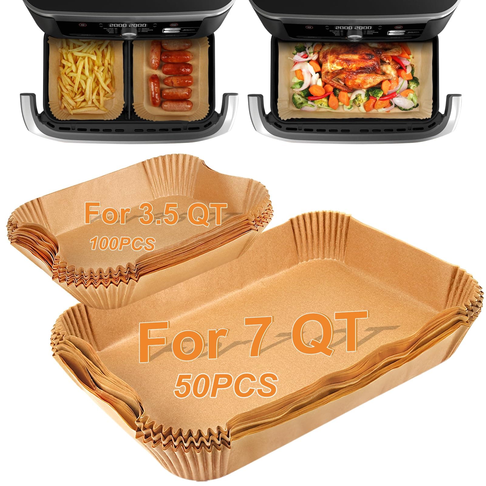 BYKITCHEN Air Fryer Liners for Ninja Foodi DZ071 7-QT/ 11-QT/Instant 9 Qt DualZone FlexBasket Airfryer, 100pcs Small Air Fryer Dual Liners & 50pcs Large Papers for 7-qt/11-qt Megazone