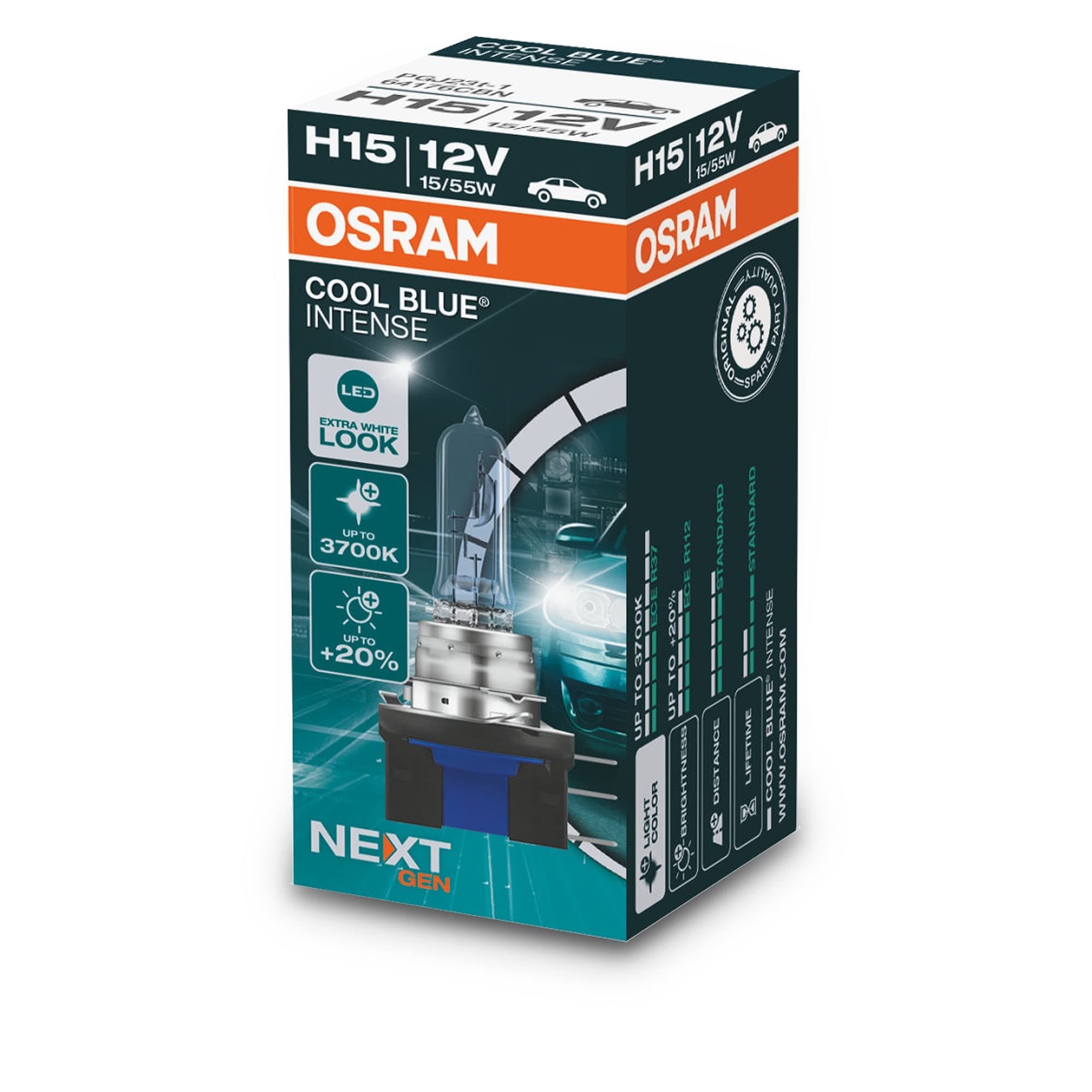 OSRAM COOL BLUE INTENSE H15, +20% more brightness, up to 3,700K, halogen headlight lamp, LED look, folding box (1 lamp), 64176CBN