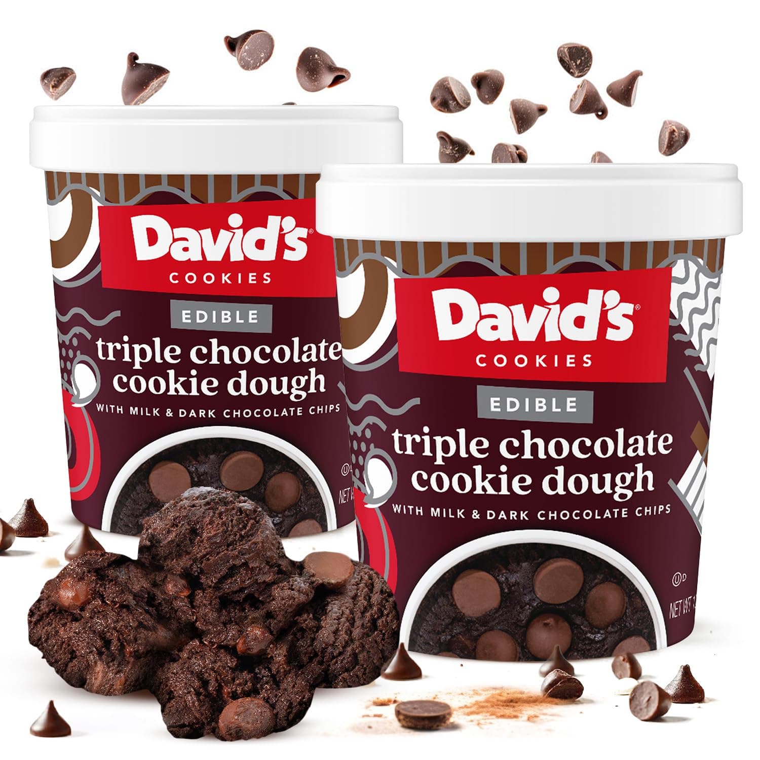 David’s Cookies Triple Chocolate Edible Cookie Dough – 2 Tubs (12oz Each) – Safe-to-Eat, Eggless Recipe with Heat-Treated Flour – w/HERSHEY’S Mini Kisses & Chocolate Chips, Ready-to-Eat Dessert Treat