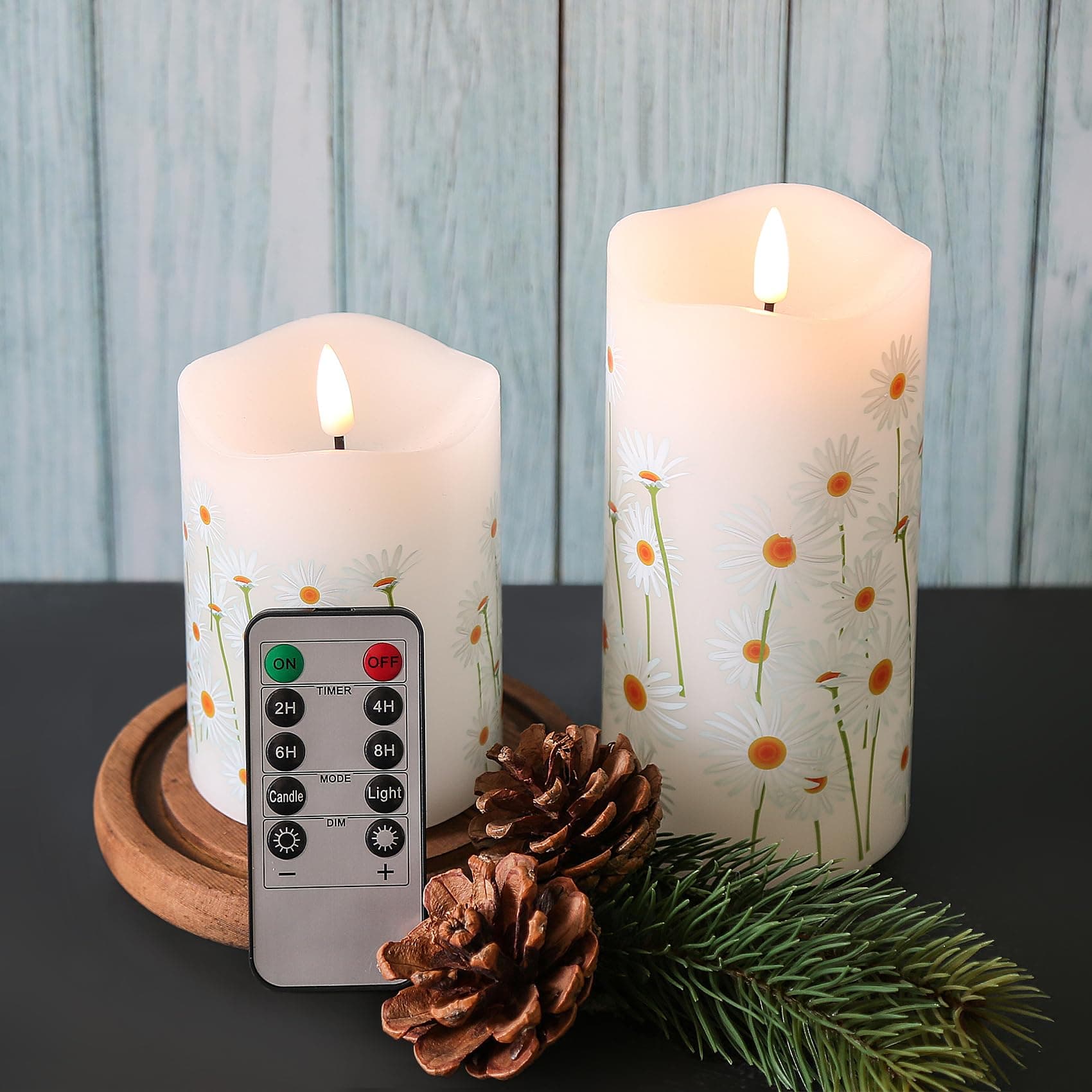 White Floral Flameless Pillar Candles with Remote, Flickering Spring Daisy Battery LED Candles Set of 2