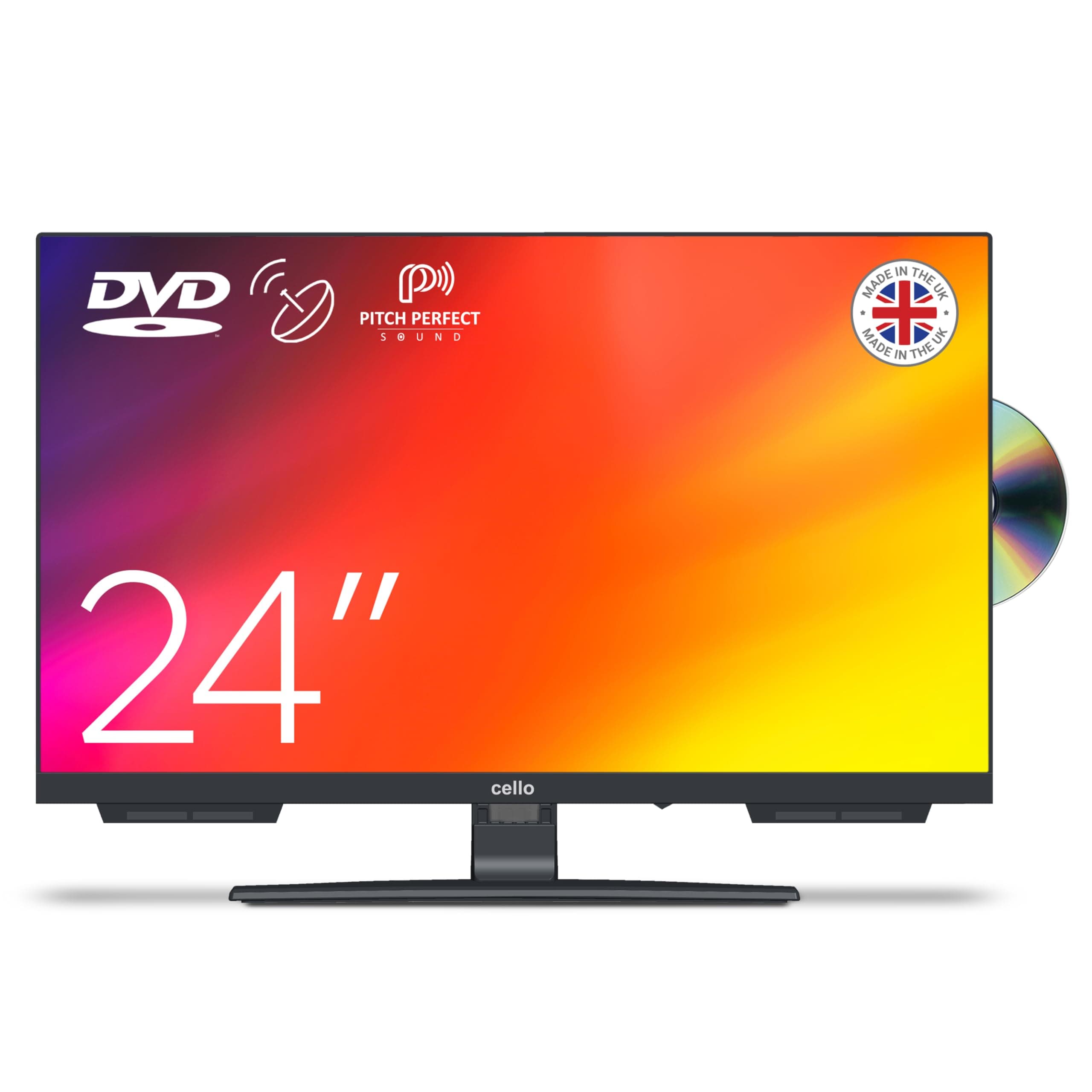 Cello C2424F 24 inch Full HD LED TV Built-in DVD Player Freeview Frameless HD Satellite Receiver Pitch Perfect Speakers Record with USB. DVD Player Perfect for Your Kitchen. UK Made