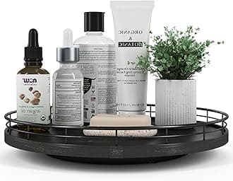 12" Oak Bathroom Vanity Tray Turntable for Perfume Candle, Round Wooden Decorative Tray for Kitchen Sink Countertop Organizer, Bathroom Counter Organizer for Skincare Makeup, Farmhouse Black Gold