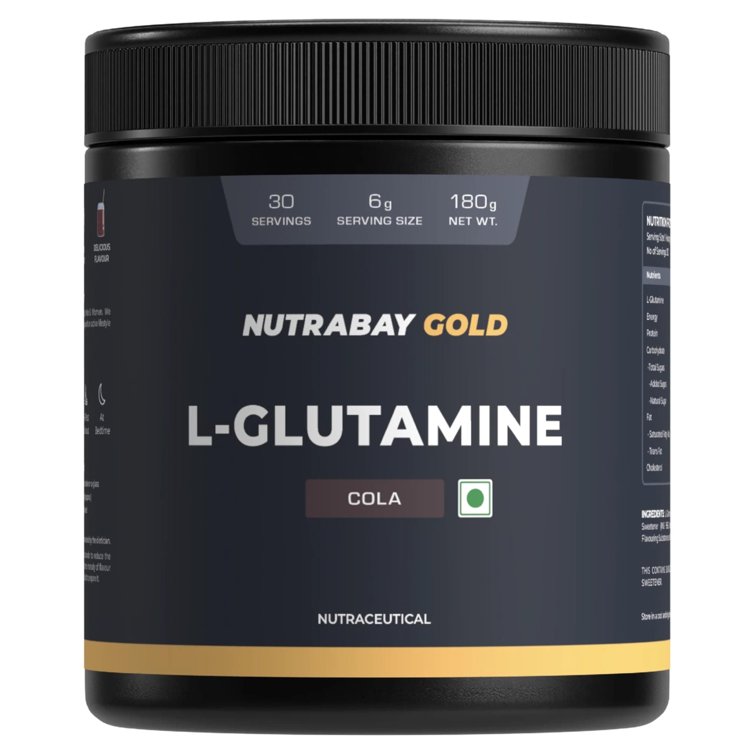 Nutrabay Gold L-Glutamine Supplement Powder 180g, Cola Flavor – Post Workout Amino Acid for Muscle Growth & Recovery | 100% Authentic Supplement | No Banned Substances | Tested for Purity