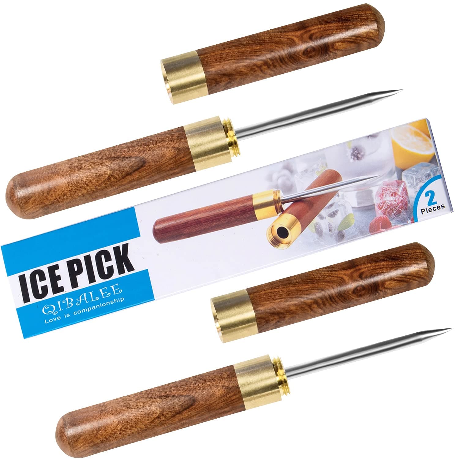 2 Pcs Ice Pick. Pine Wood & Stainless Steel Ice Pick. Secure Wooden Caps & Non-Slip Handles. Easy to Store. For Kitchen Use