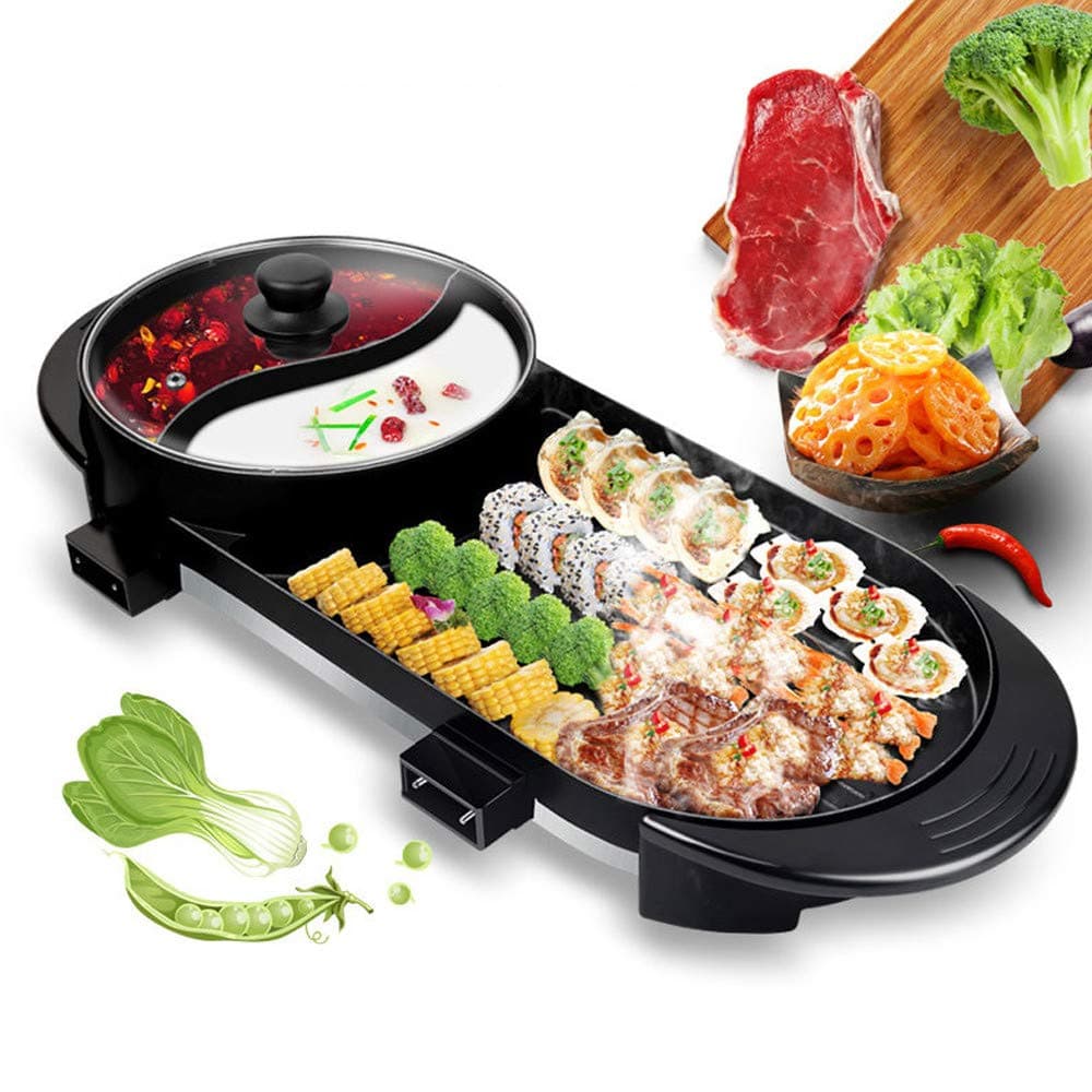 YU-TOPQSC Grill Indoor Hot Pot, Multifunctional Teppanyaki Grill/Shabu Pot with Divider Separate Dual Temperature Contral, Capacity for 6 People Family Gatherings. (110V)