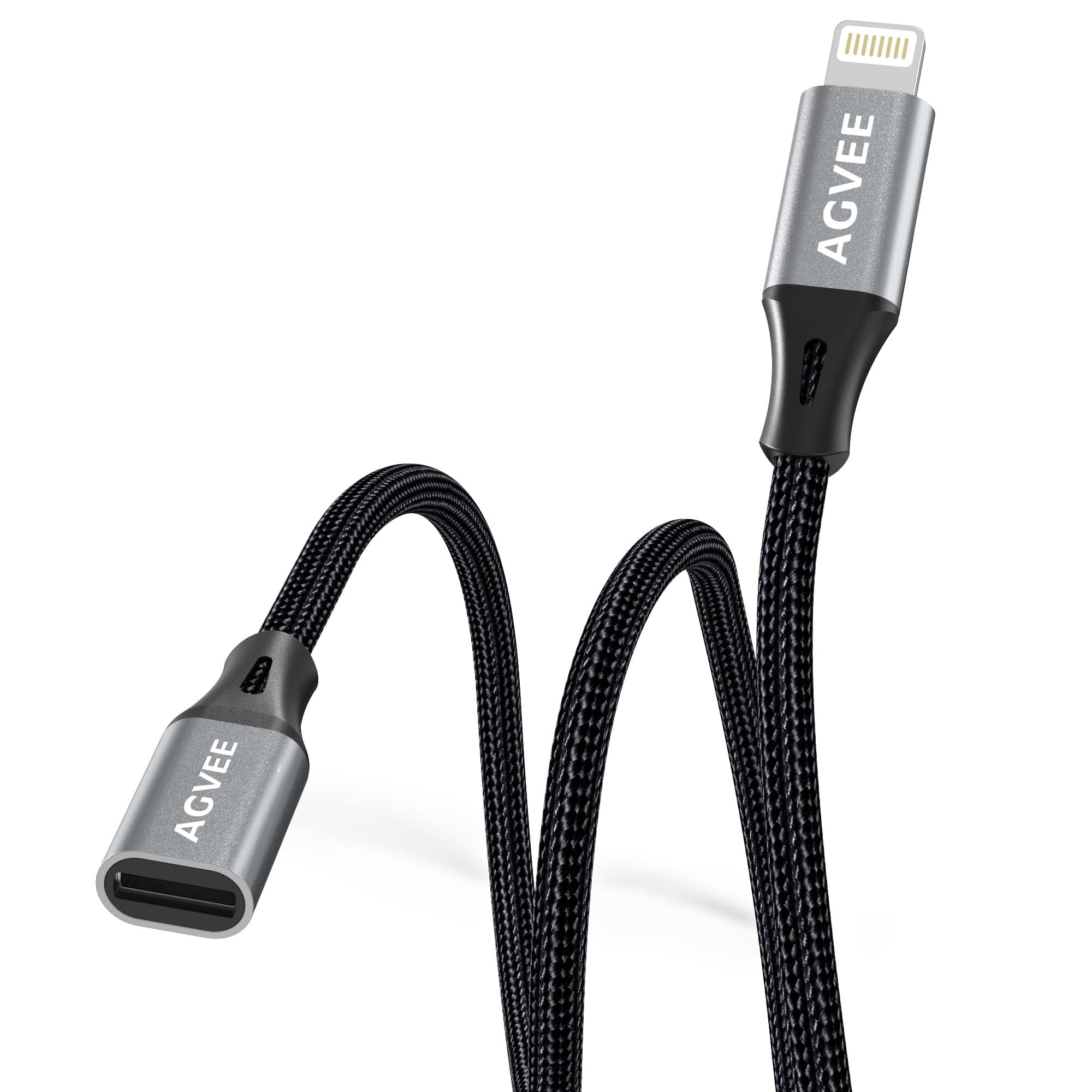 AGVEE 3.3ft Lightning Extension Cable, Braided Female to Male Extender Full Function Cord Compatible with iPhone iPad, Data Sync Video Audio & Charging Connector Adapter, Dark Gray
