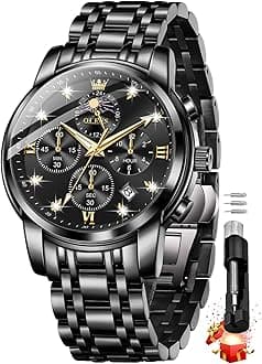 Chronograph Watches for Men Original Analog Quartz Black Stainless Steel Chain Luxury Dual Time Zone Moon Phase Date Waterproof Men's Wrist Watch