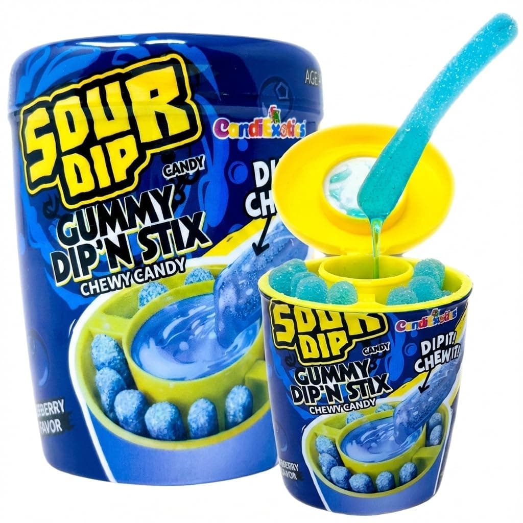 CandiExotics Sour Juicy Dip Gummy Candy Dip'N Stix Sweet & Sour Chewy Candy For Kids Blueberry Flavor, Perfect For Parties & Treats, 96 Grams