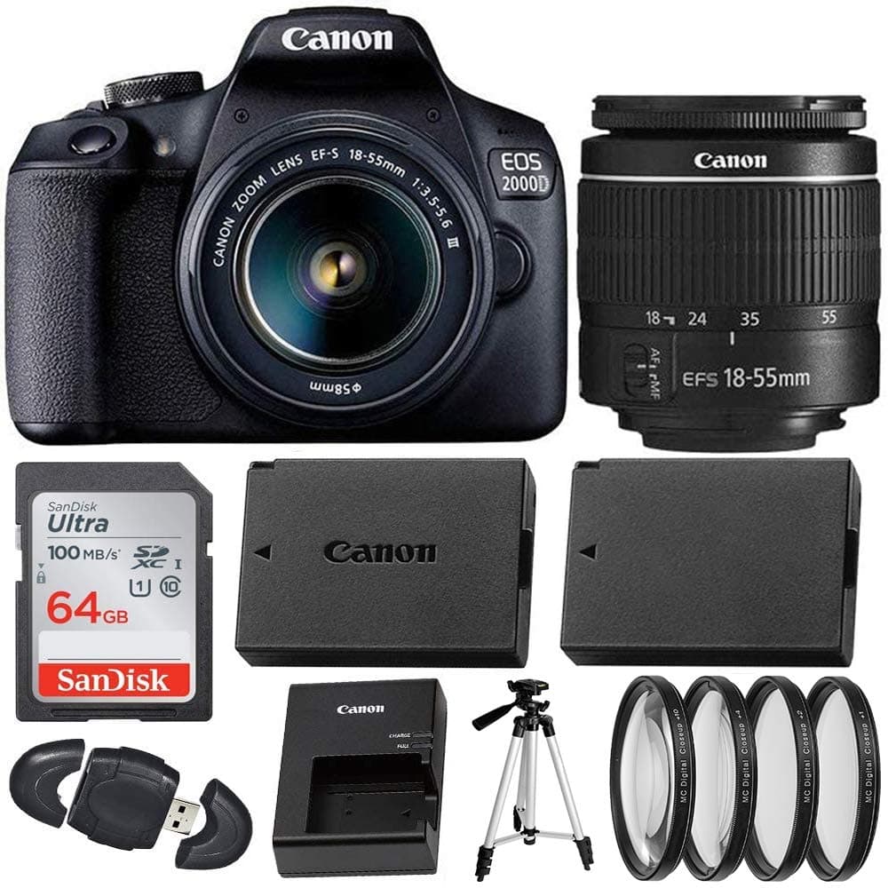 CanonEOS 2000D (Rebel T7) Digital SLR Camera with 18-55mm DC III Lens Kit (International Model) Professional Accessory Bundle Includes: SanDisk Ultra 64GB Memory Card + 50’’ Tripod + Filters and More