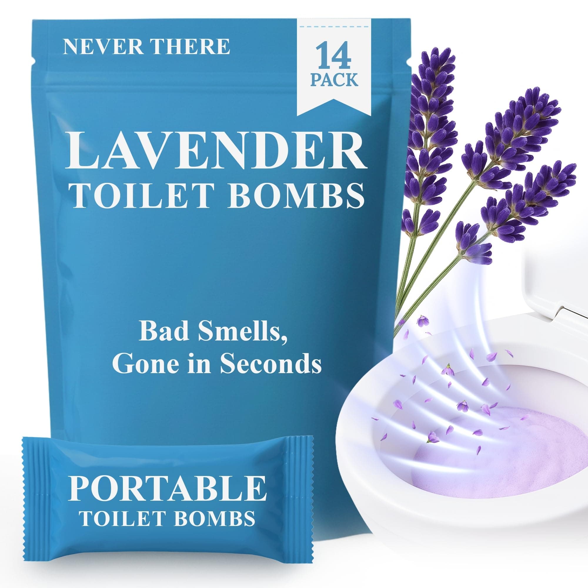Never There Toilet Foam Bombs - 14 Count Discreet & Portable Lavender Scent Foaming Powder | On-The-Go Toilet Refresher for Bathroom Anxiety | Instantly Eliminates Odor, Sound & Stains