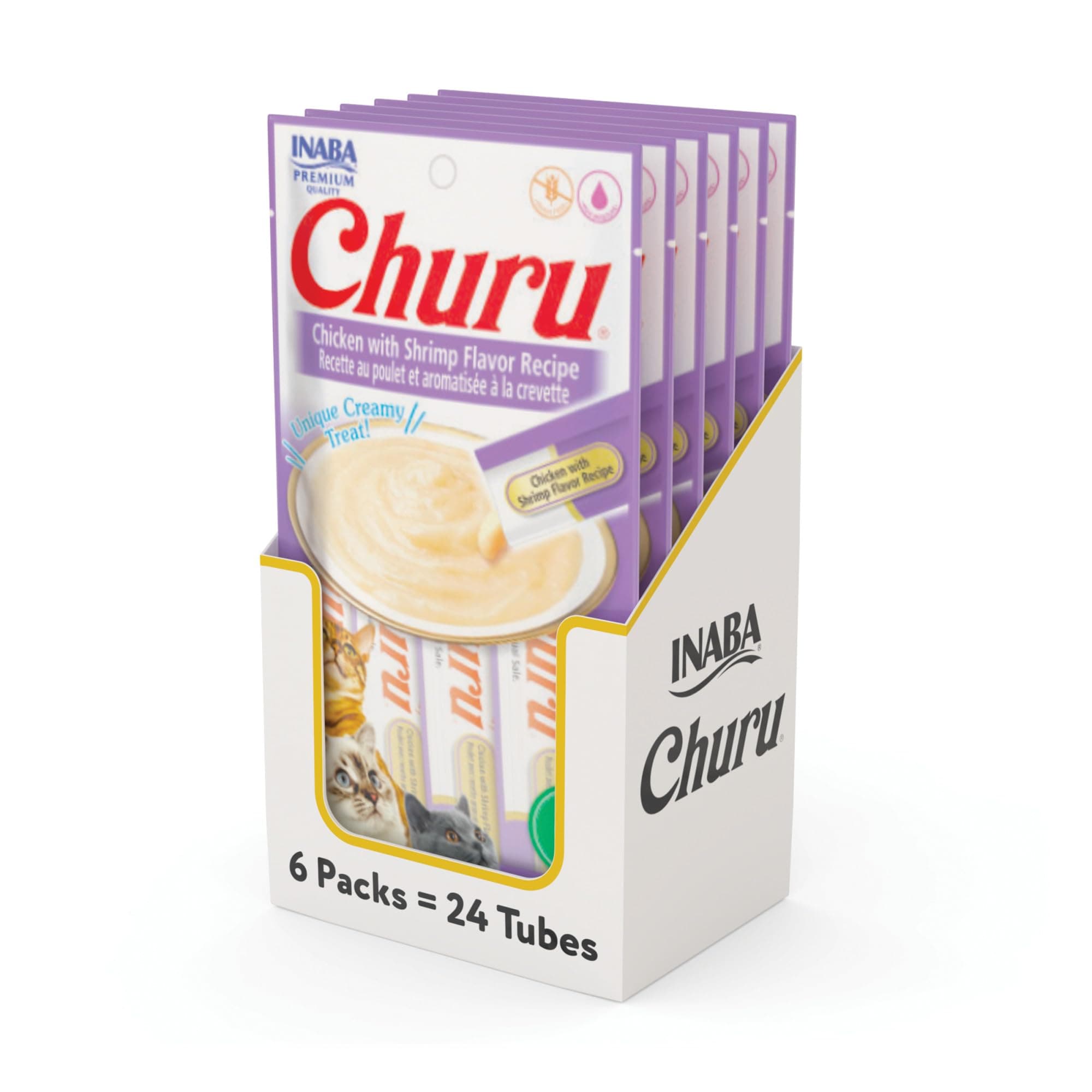 Churu Cat Treats, Grain-Free, Lickable, Squeezable Creamy Purée Cat Treat/Topper with Vitamin E & Taurine, 0.5 Ounces Each Tube, 24 Tubes (4 per Pack), Chicken with Shrimp Recipe