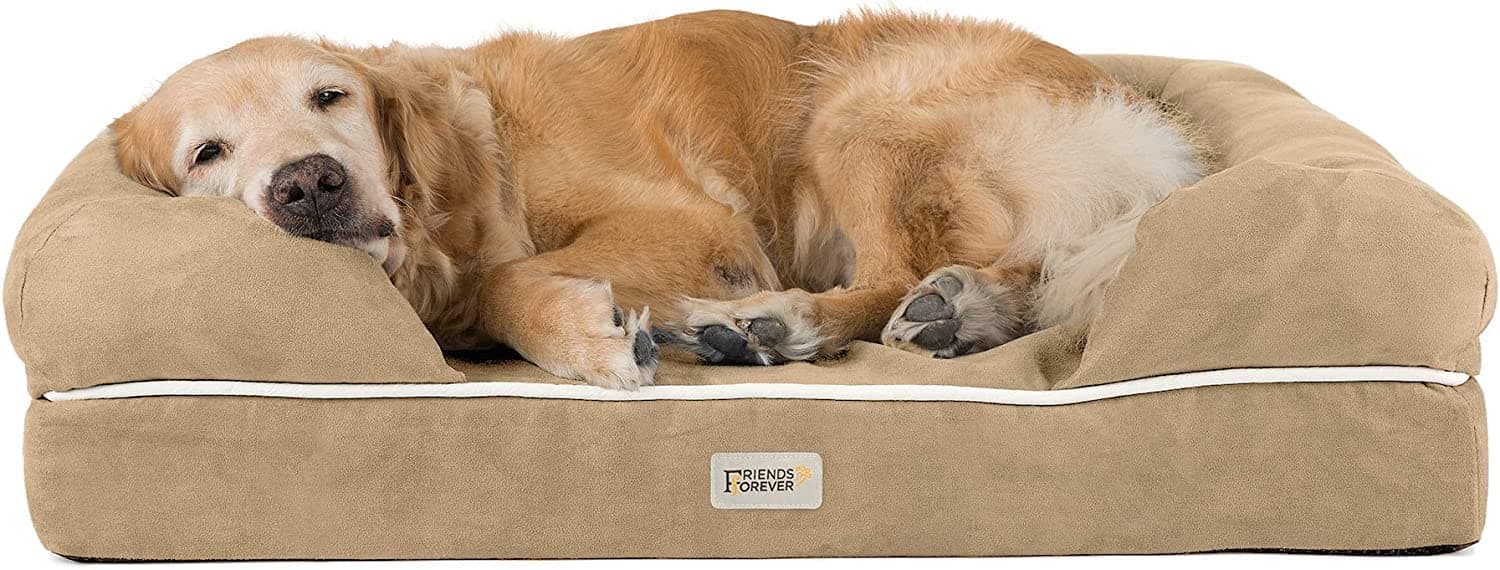 Friends ForeverLarge Dog Bed, Orthopedic Dog Sofa Memory Foam Mattress, Calming Dog Couch Bed, Wall Rim Pillow, Water Resistant Liner, Washable Cover, Non-Slip Bottom, Chester, Large Khaki Beige