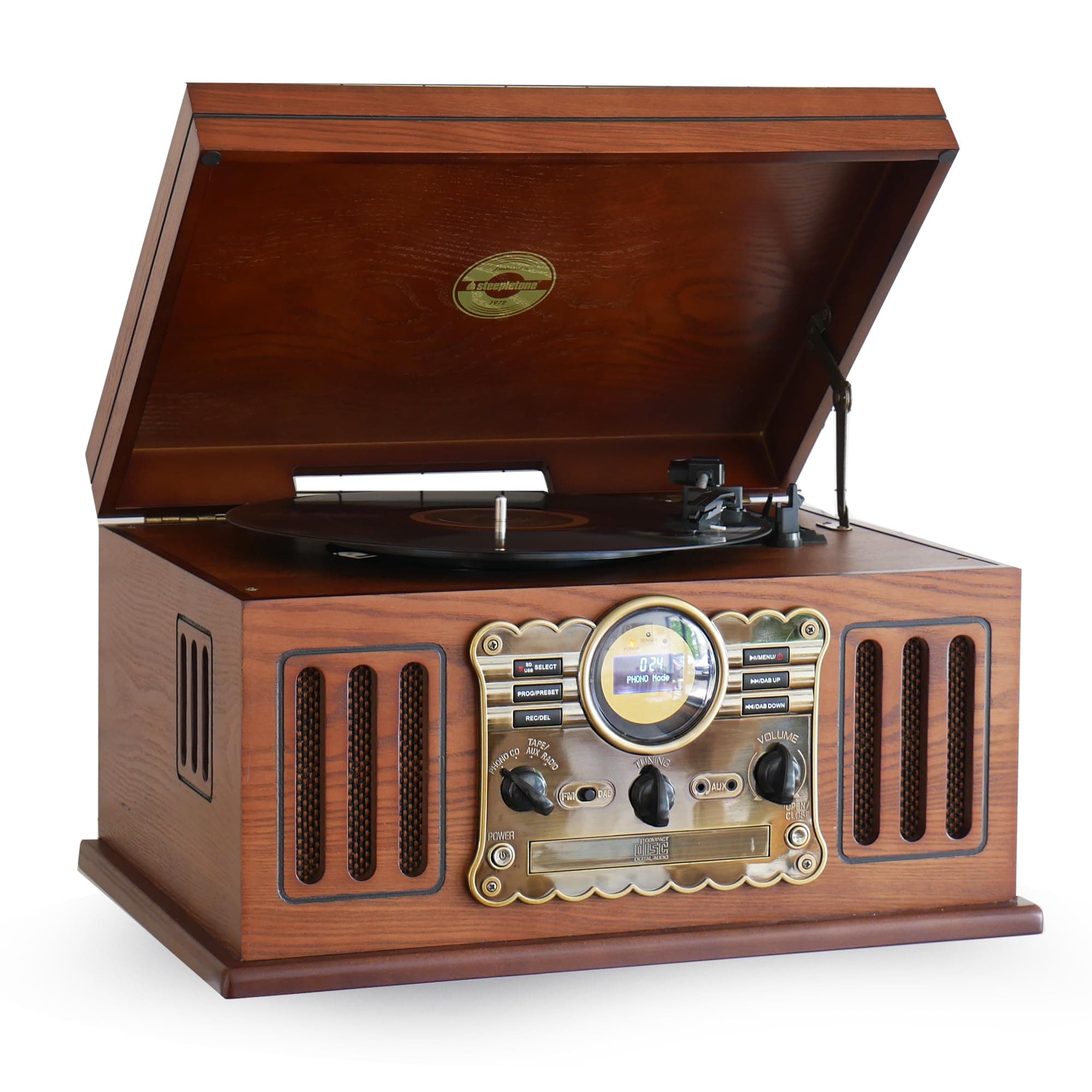 Westminster 2018 Nostalgic DAB Radio 7 in 1 Music Centre: 3 Speed Record Player, CD Player, Cassette Player, USB/MP3 RECORDING, FM, Remote Control (Dark Wood (BLUETOOTH Version Package)