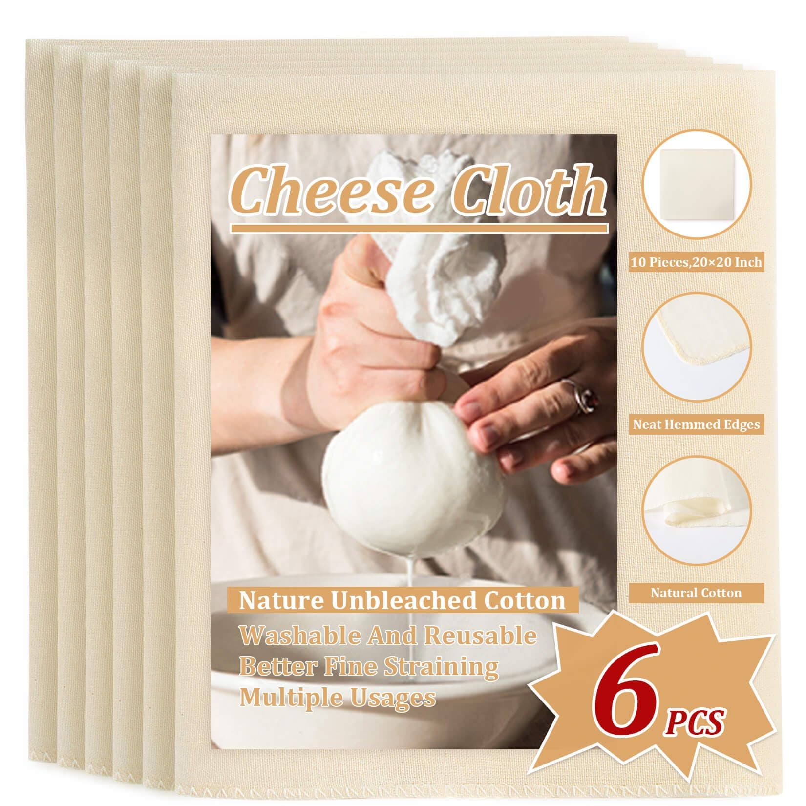 Sukh 6 PCS Cheese Cloths - Ultra Fine Cheese Cloths 20 x 20 Inch Unbleached Hemmed For Straining,Juicing,Cooking Baking Reusable