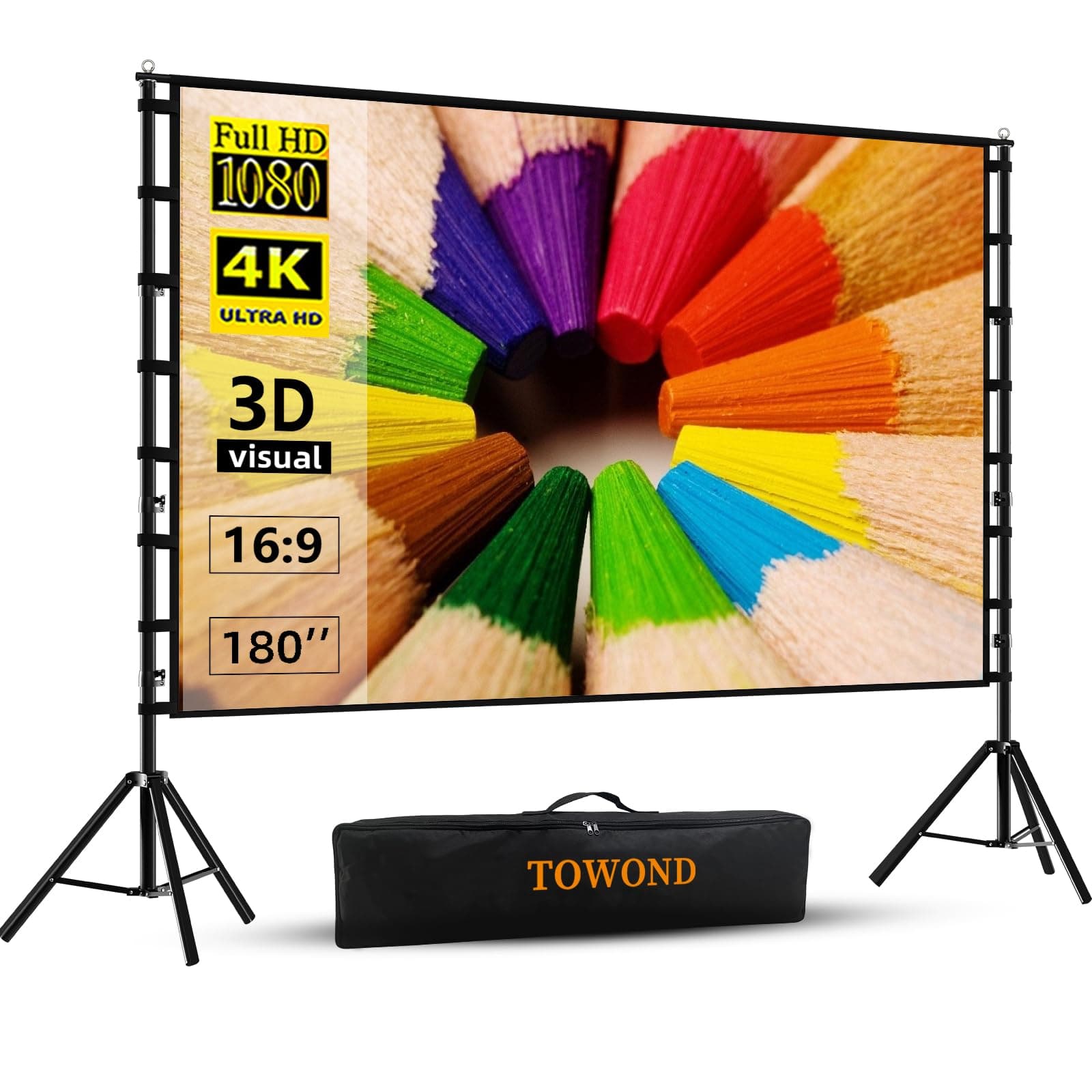- TOWOND Projector Screen and Stand, 180 inch Outdoor Projector Screen 15 FT Large Projection Screen, Portable 16:9 4K HD Rear Front Movie Screen with Carry Bag Wrinkle-Free Design for Backyard Theater