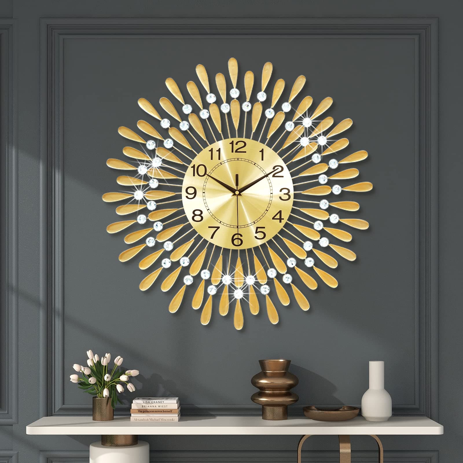Large Wall Clocks for Living Room Big Modern Wall Clock Silent Battery Operated Non-Ticking for Bedroom Office Kitchen Home 24 Inch Metal Crystal Home Decorative Mid Century Gold Clock