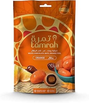 Tamrah Orange Chocolate Zipper Bag, 100g | Exquisite Date & Chocolate Combo with Almond Center | Irresistible Orange Flavor Snack | Luxurious Treat for Gifting, Sharing & Special Occasions