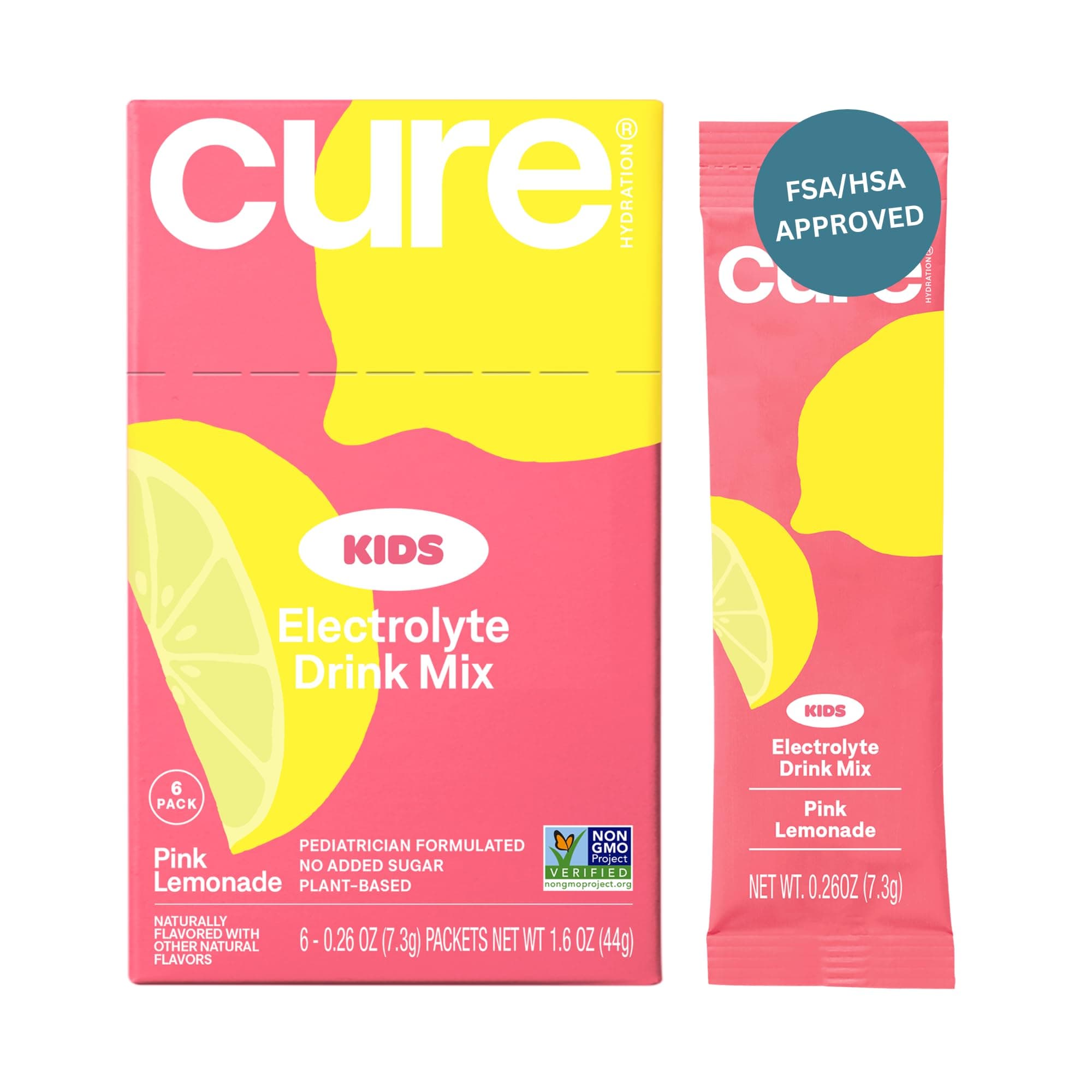 Cure Hydration Kids Electrolyte Drink Mix | Plant-Based Pediatrician Formulated Rehydration | No Added Sugar, FSA-HSA, Non-GMO, Gluten-Free, No Artificial Flavors | Box of 6 Packets - Pink Lemonade