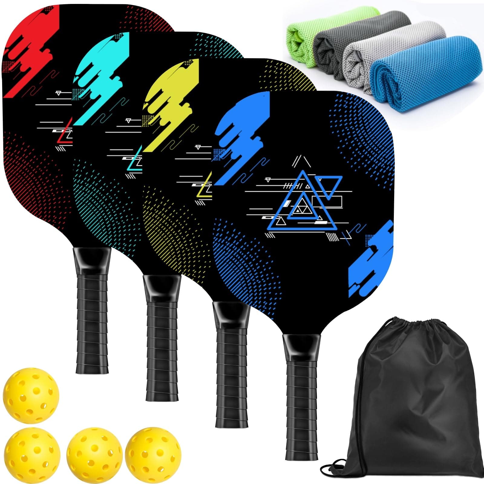 Pickleball Paddles, Pickleball Set with 4 Premium Wood Pickleball Paddles, 4 Cooling Towels, 4 Pickleball Balls & Carry Bag, Pickleball Paddle with Cushion Comfort Grip, Gifts for Men Women