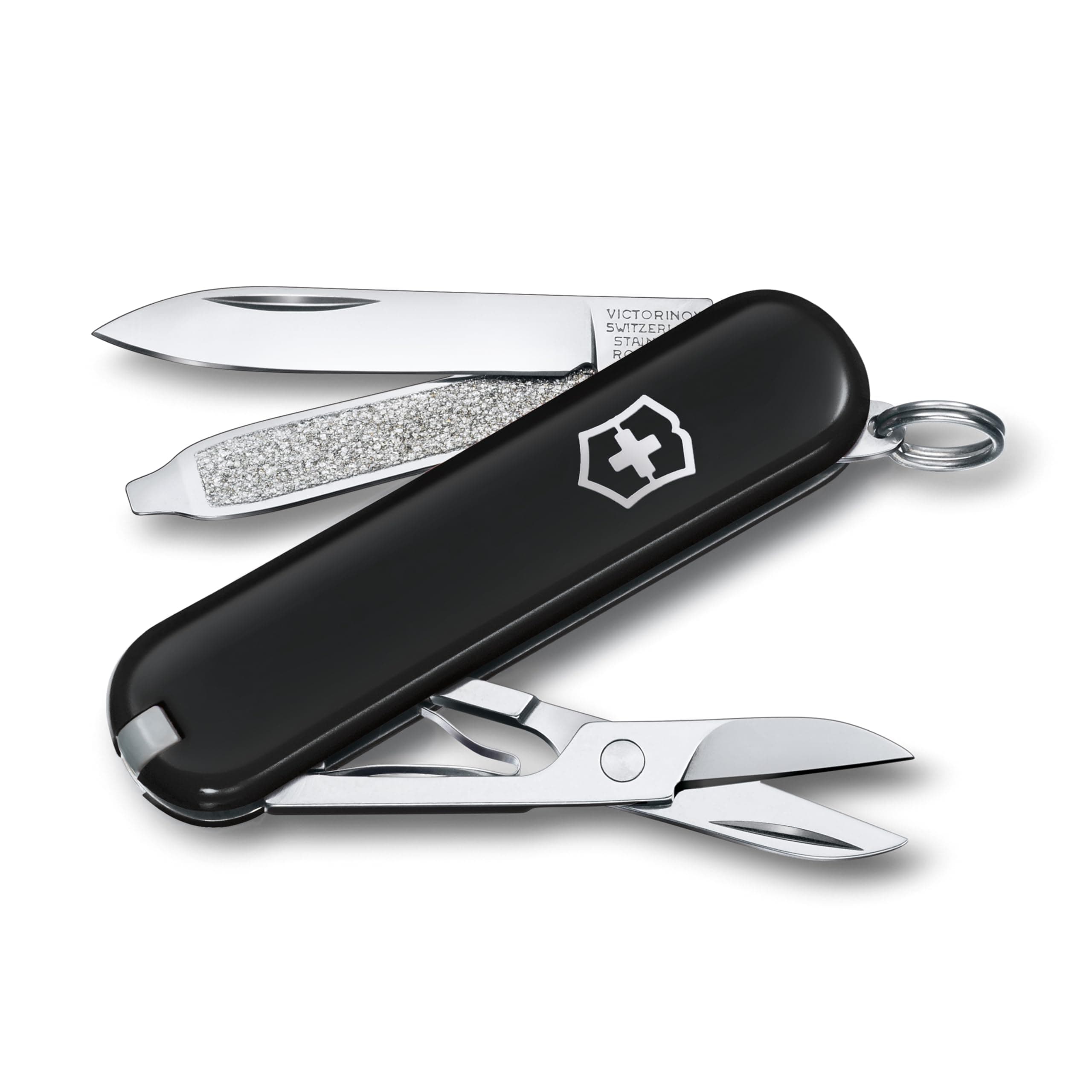 Classic SD Swiss Army Knife, Compact, 7 Functions, Swiss Made Pocket Knife with Small Blade, Screwdriver and Key Ring - Black