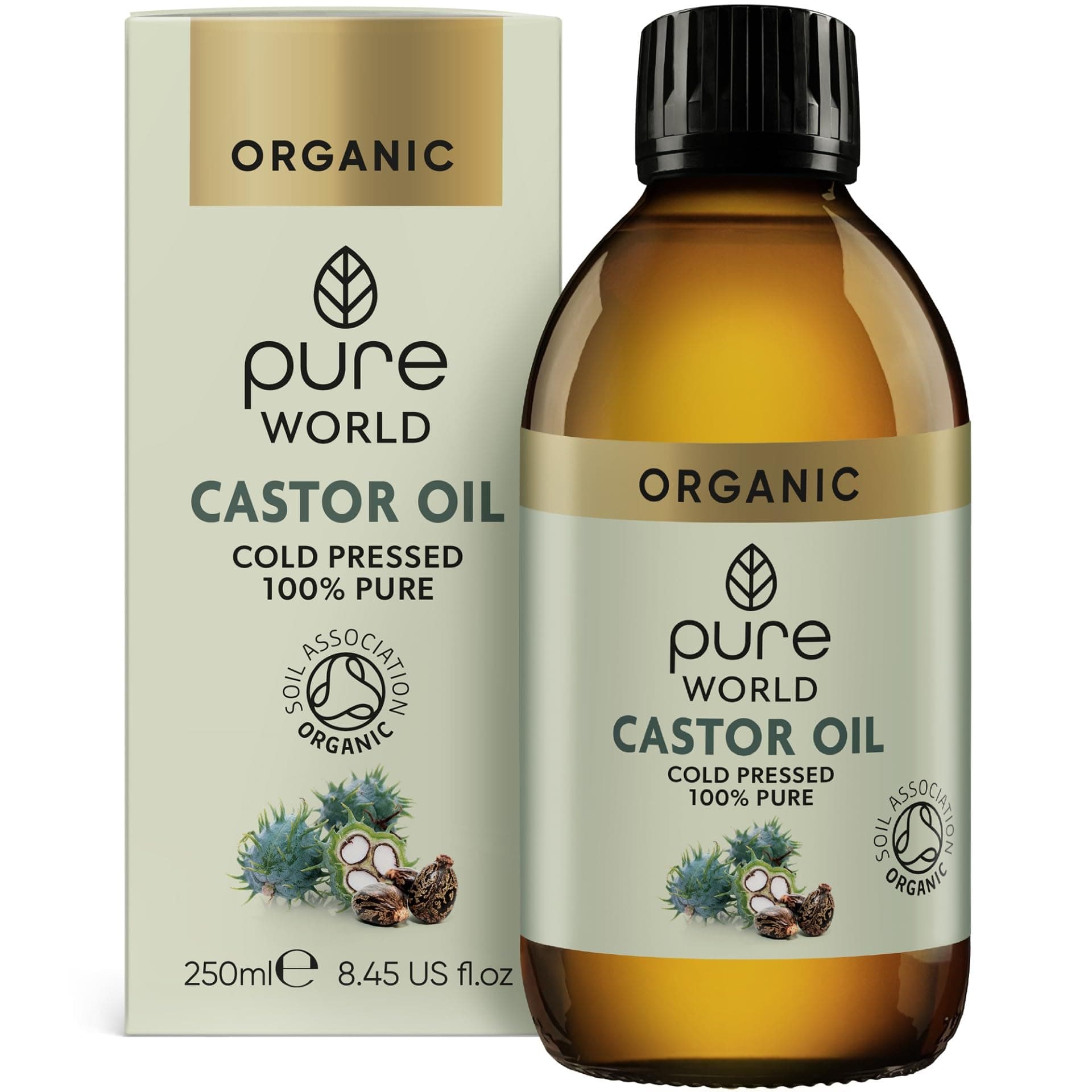 Organic Castor Oil 250ml Premium Cold & Fresh Press Glass Bottle Hexane Free for Hair, Skin - Moisturizing, Conditioning, and Eyelashes & Eyebrows- Food Grade