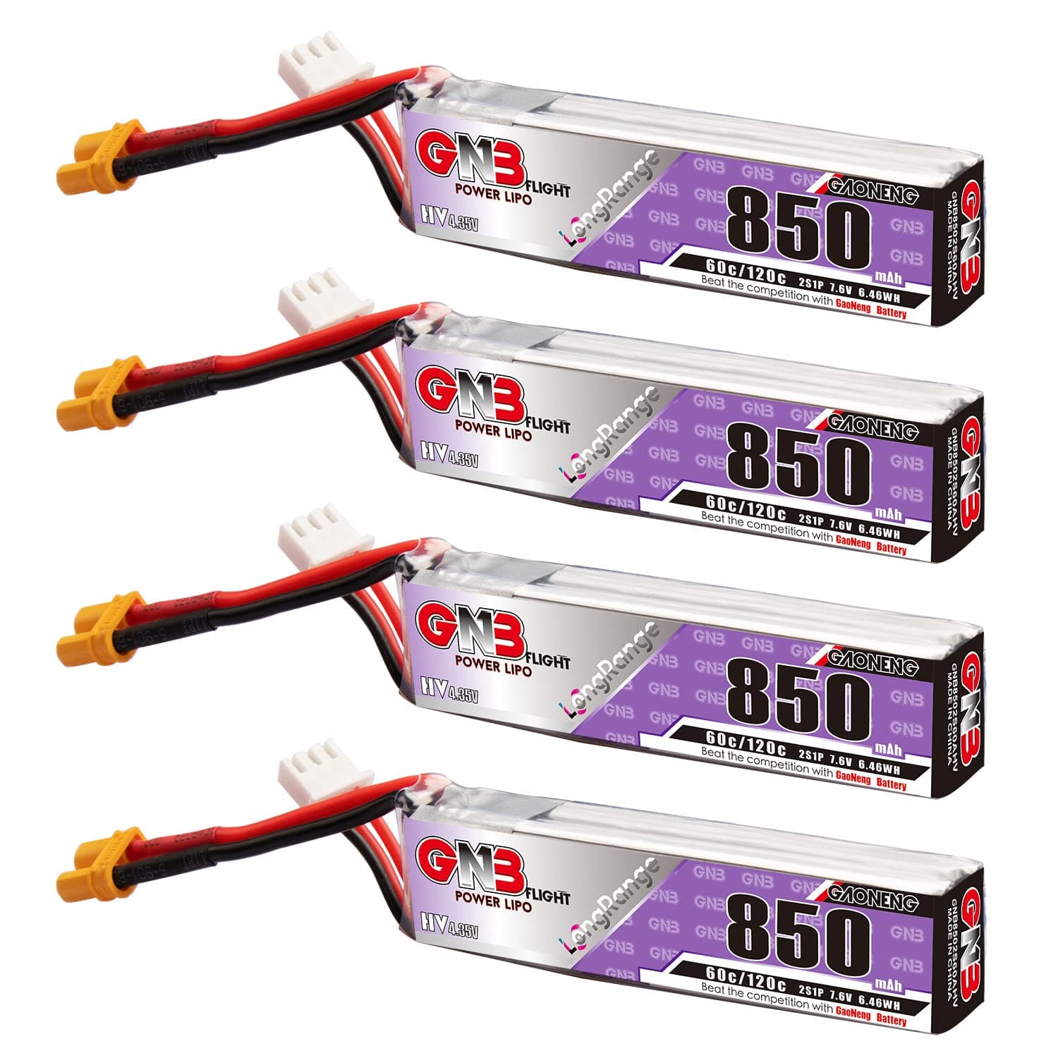 GAONENG 4PCS GNB 2S LiPo 850mAh 7.6V HV 60C 120C LiPo Battery Long Range with XT30 Plug for UMX Pitts S-1S Mini Micro FPV Freestyle Drone FPV Long Type