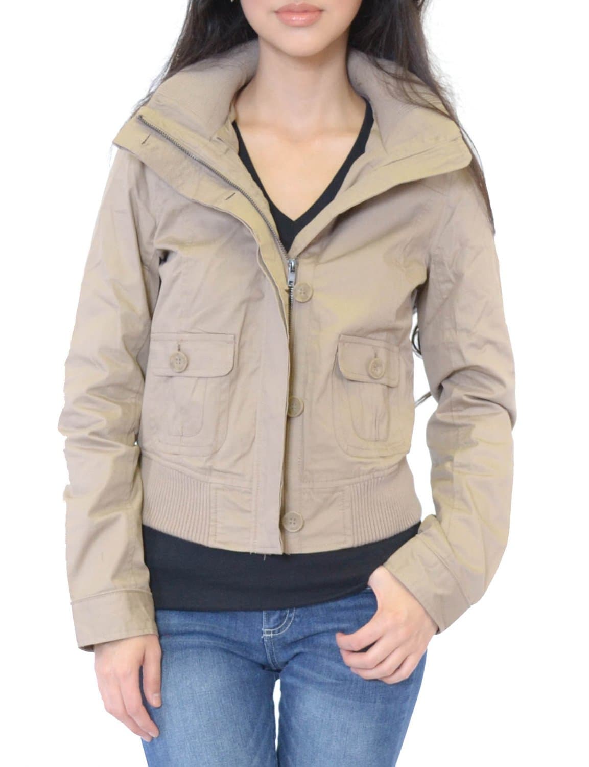 Azkara Women's Military Anorak Drawstring Parka Jacket with Hoodie (Petite Medium, JW093224-A-KHAKI)