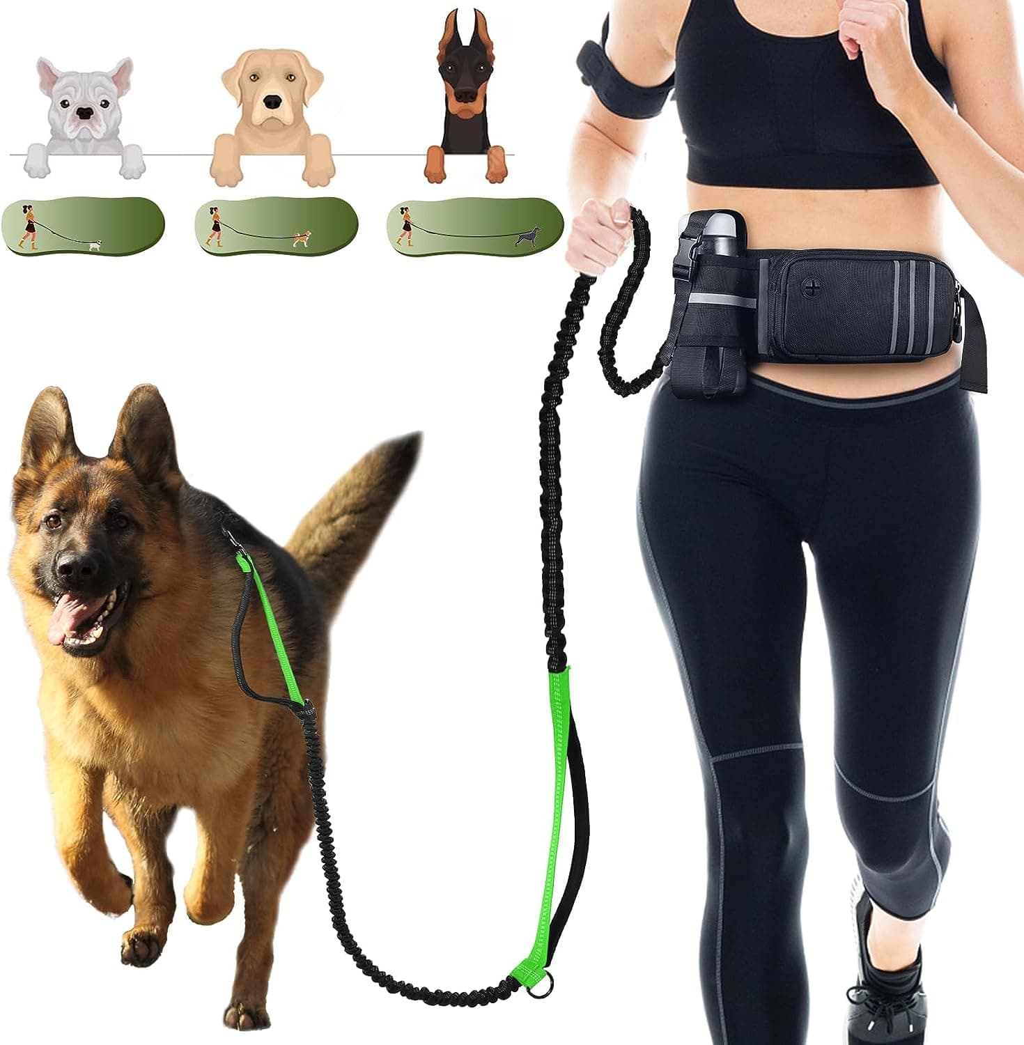Hands Free Dog Leash for Medium and Large Dogs with Waist Belt Pouch 55-78" Running Dog Leash with Double Hand Loops Reflective Stitches,Green