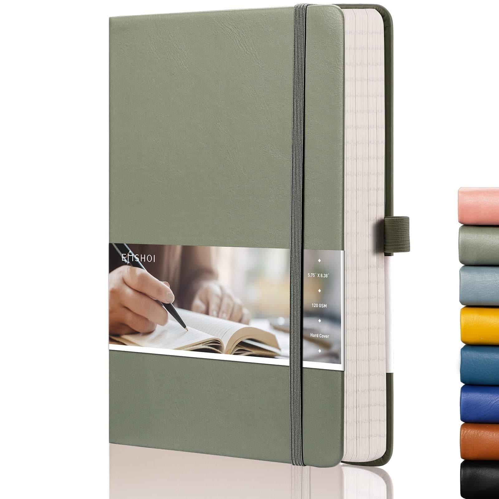 EMSHOI A5 College Ruled Notebook, 256 Numbered Pages 120GSM Ink-Proof Faux Leather Hardcover Lay-Flat Lined Journal for Work Office School Travel Writing, Small 5.75" x 8.38", Green