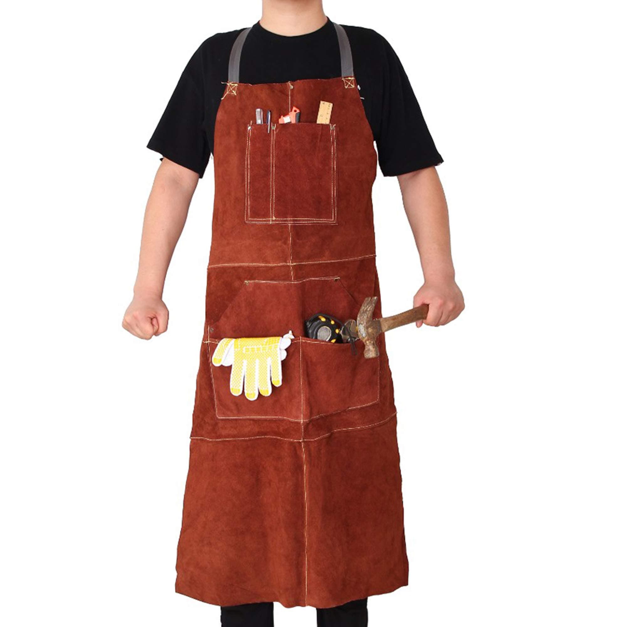 Heavy Duty Shop Welding Cowhide Apron for Men and Women Anti-Flame Double Stitched Split Leather Material 42 X 24 Inches Brown Color with Work Gloves Included