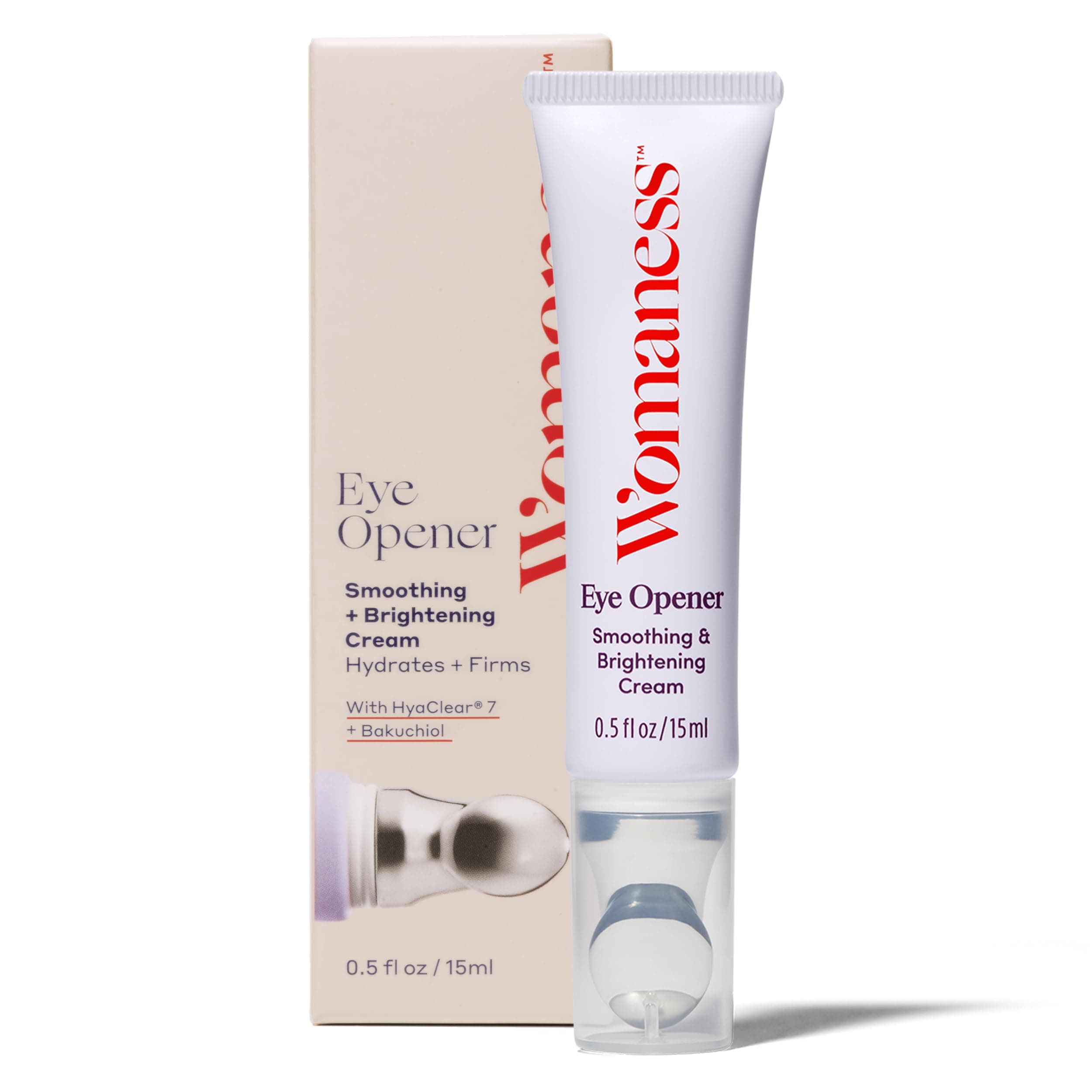 Womaness Eye Opener Under Eye Cream for Puffiness - Fine Lines and Dark Circles - Anti-Aging Treatment with Hyaluronic Acid, Bakuchiol Retinol Alternative and Cooling Applicator - 15ml