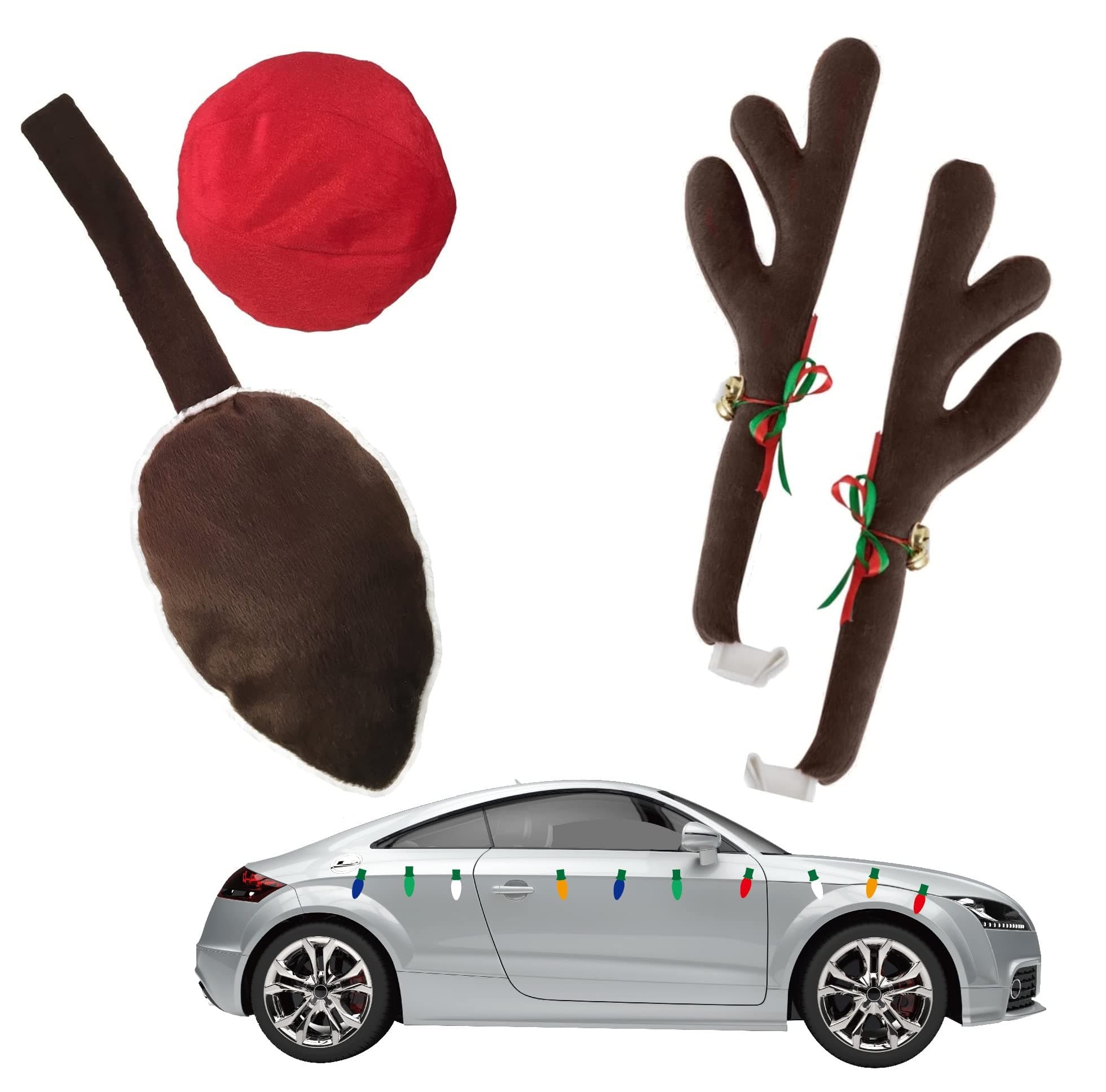 KovotReindeer Car Set: Includes Car Jingle Bell Antlers Antlers, Nose, Tail For The Trunk and (10) Reflective Car Magnets