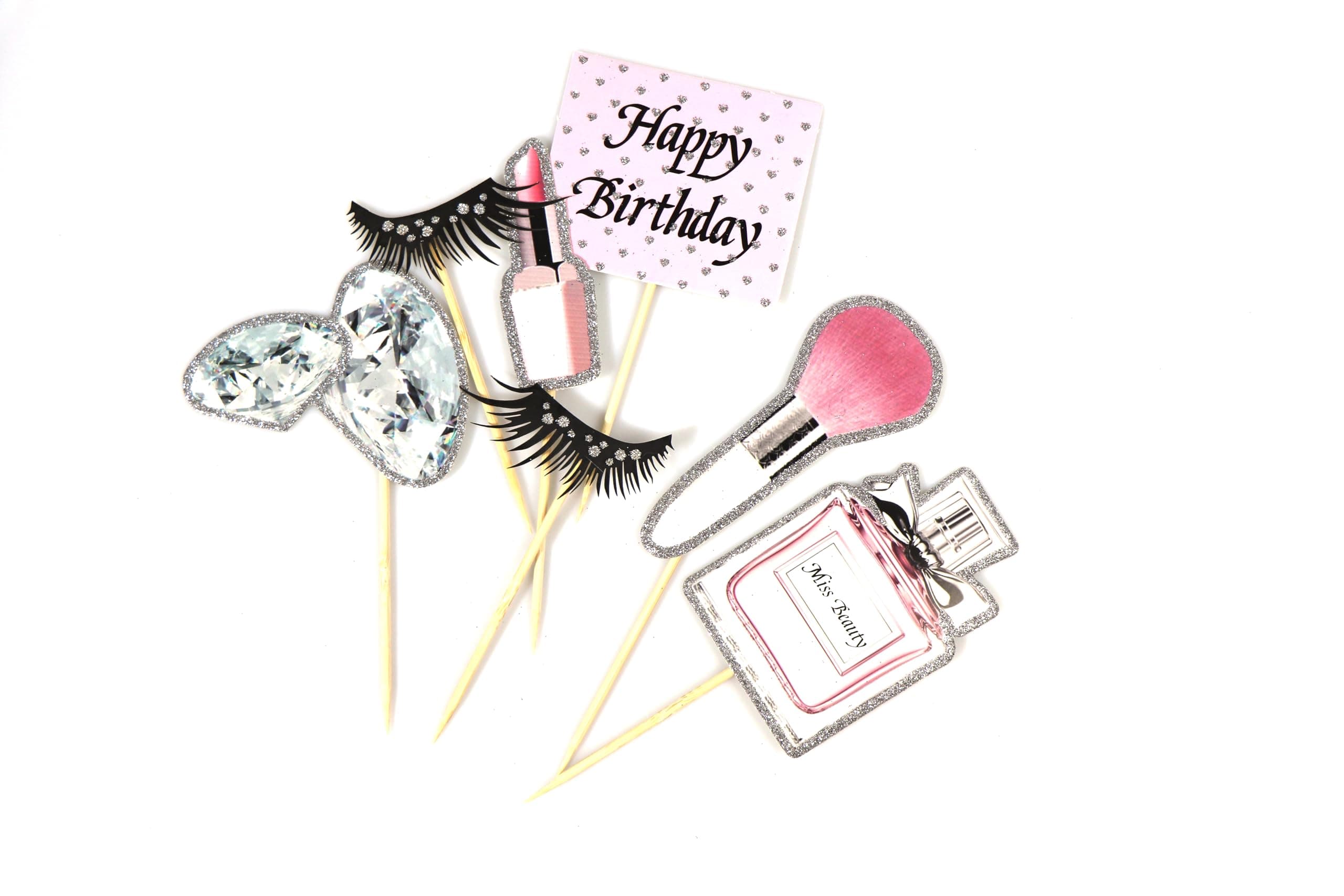 Cosmetic Toppers Gift Set, Sparkling Cupcake Decorations with Eyelash, Diamond, Perfume & Lipstick Picks for Birthdays, Bachelorette Parties