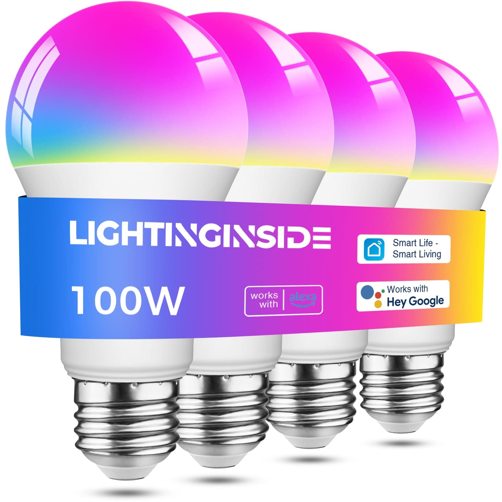 Lightinginside Smart Light Bulbs 100W Equiv., 1350LM 11W Smart Bulb Works with Alexa/Google Home/SmartLife, A19 E26 RGBCW Color Changing, No Hub Required, 2.4G WiFi Bluetooth Bulb, ETL Listed, 4PCS