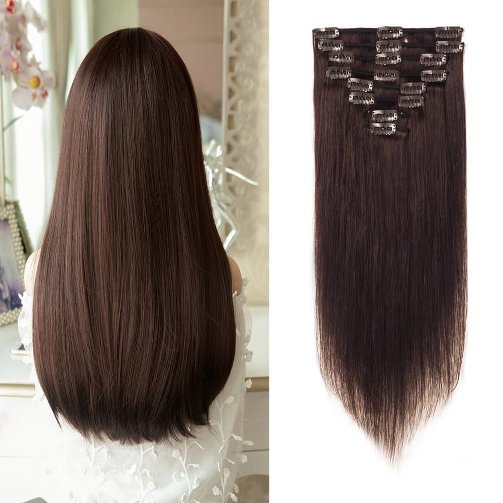 LFLIN Clip In Human Hair Extensions 100% Real Remy Dark Brown Full Head Long Soft Silky Straight 8pcs 18clips For Women Beauty.