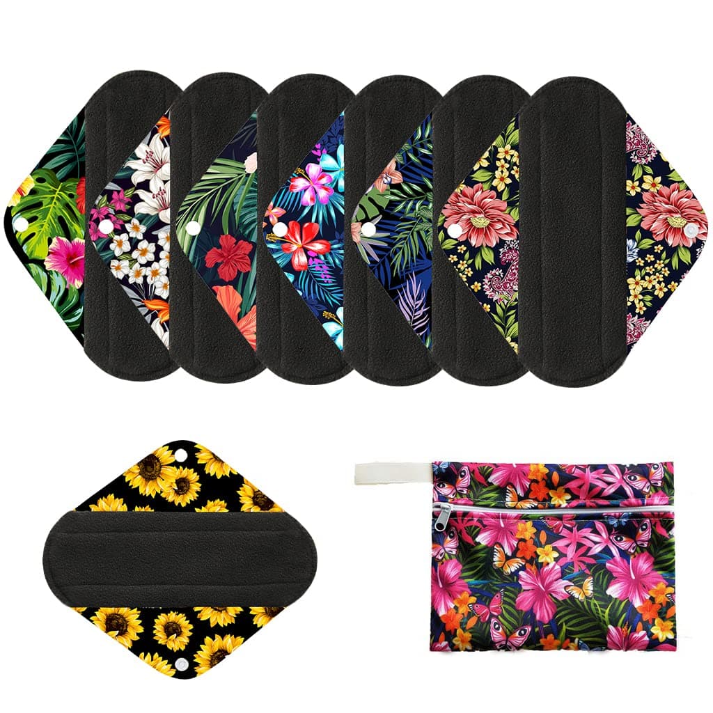 7pcs Set 1pc Mini Wet Bag + 6pcs 8 Inch Bamboo Charcoal Cloth Menstrual Pads/Reusable Sanitary Pads/Mama Panty Liners
