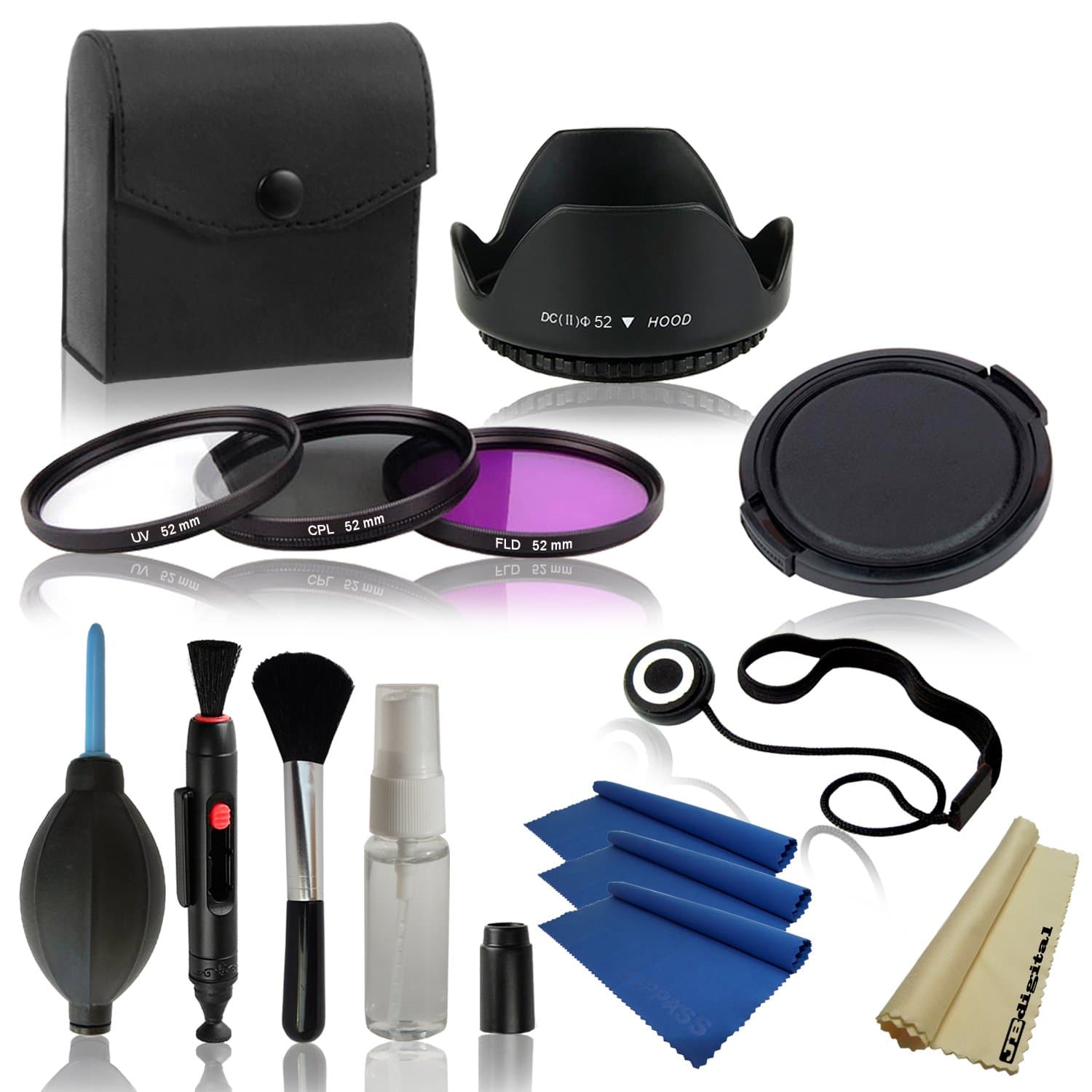 52mm Professional Lens Accessory Kit for NIKON D7000 D5100 D5000 D3100 D3000 D40 D60 D80 D3200 Cameras -- Includes: High Resolution Filter Kit (UV, Polarizing, Fluorescent) + Carry Pouch + Tulip Flower Lens Hood + Snap-On Lens Cap + Cap Keeper Leash + Professional Cleaning Kit (Lens Cleaning Pen, Lens Brush, Air Blower Cleaner, Handy Empty Spray Bottle, 4 JB Digital Microfiber Cleaning Cloths)