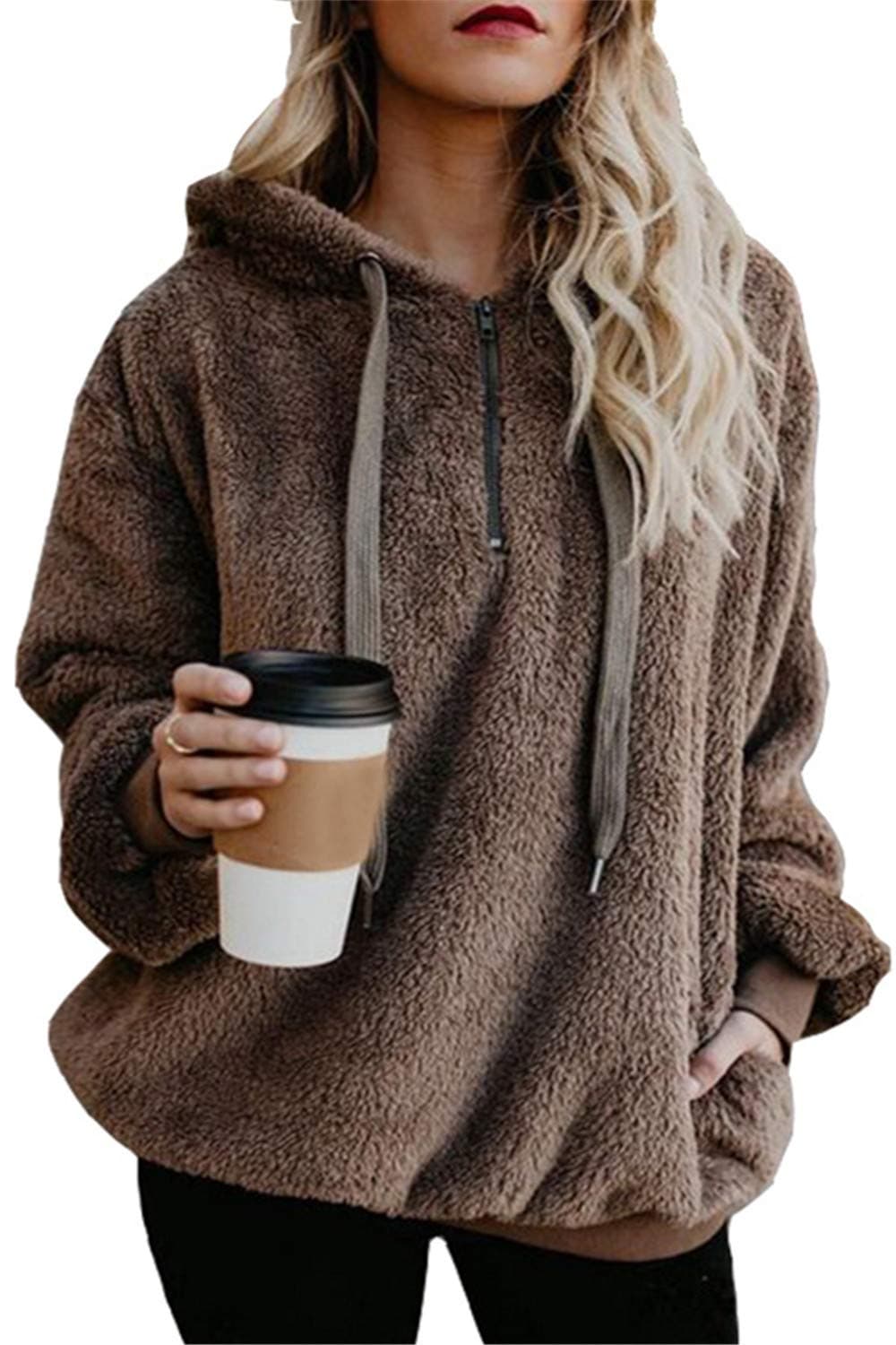 Womens Oversized Sherpa Pullover Hoodie with Pockets Fuzzy Fleece Sweatshirt Plaid Fluffy Jacket Coat